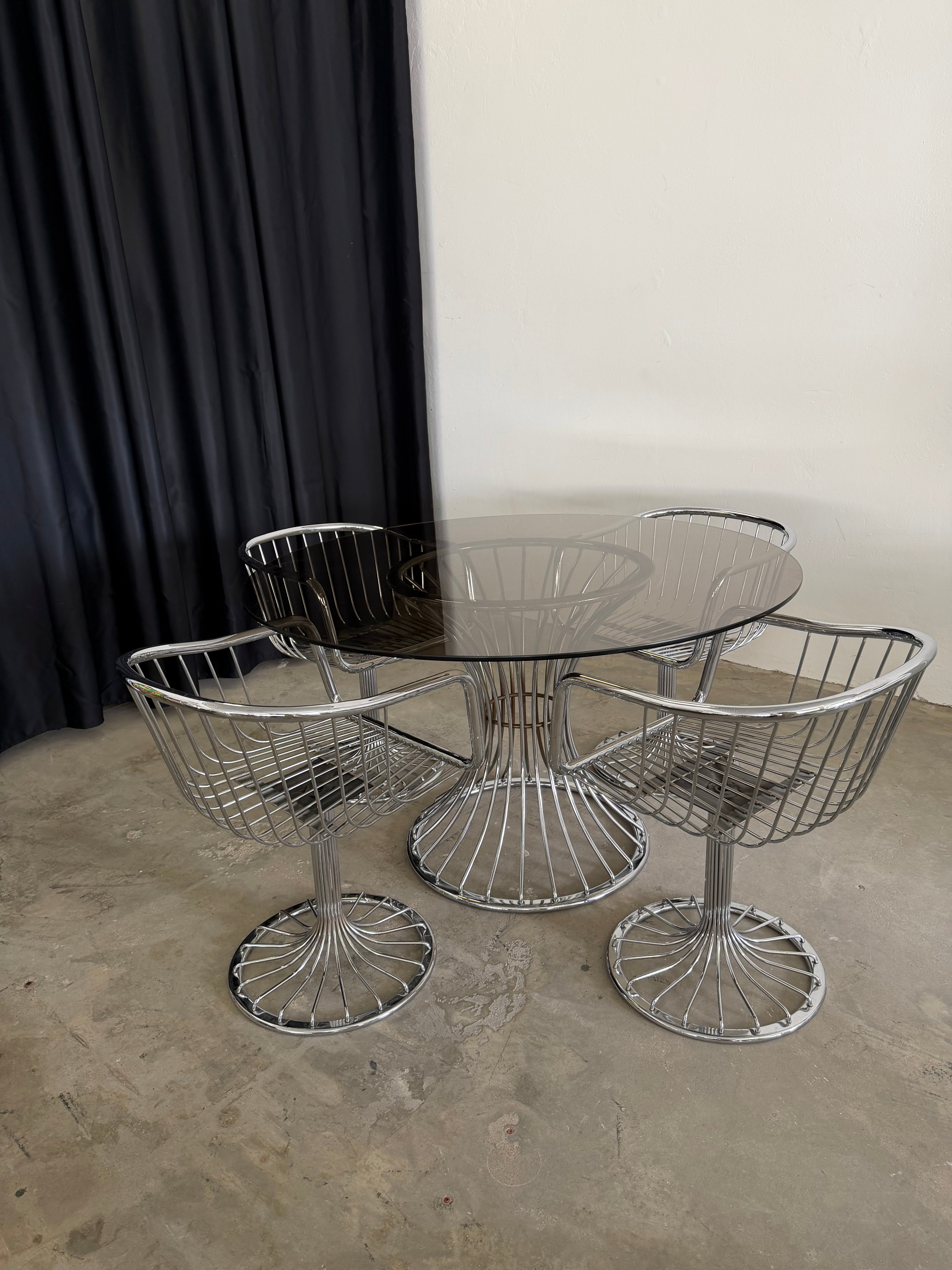 Gastone Rinaldi  Essgruppe | 4 Rima Freischwinger + Rauchglas Tisch | Italien 1970er