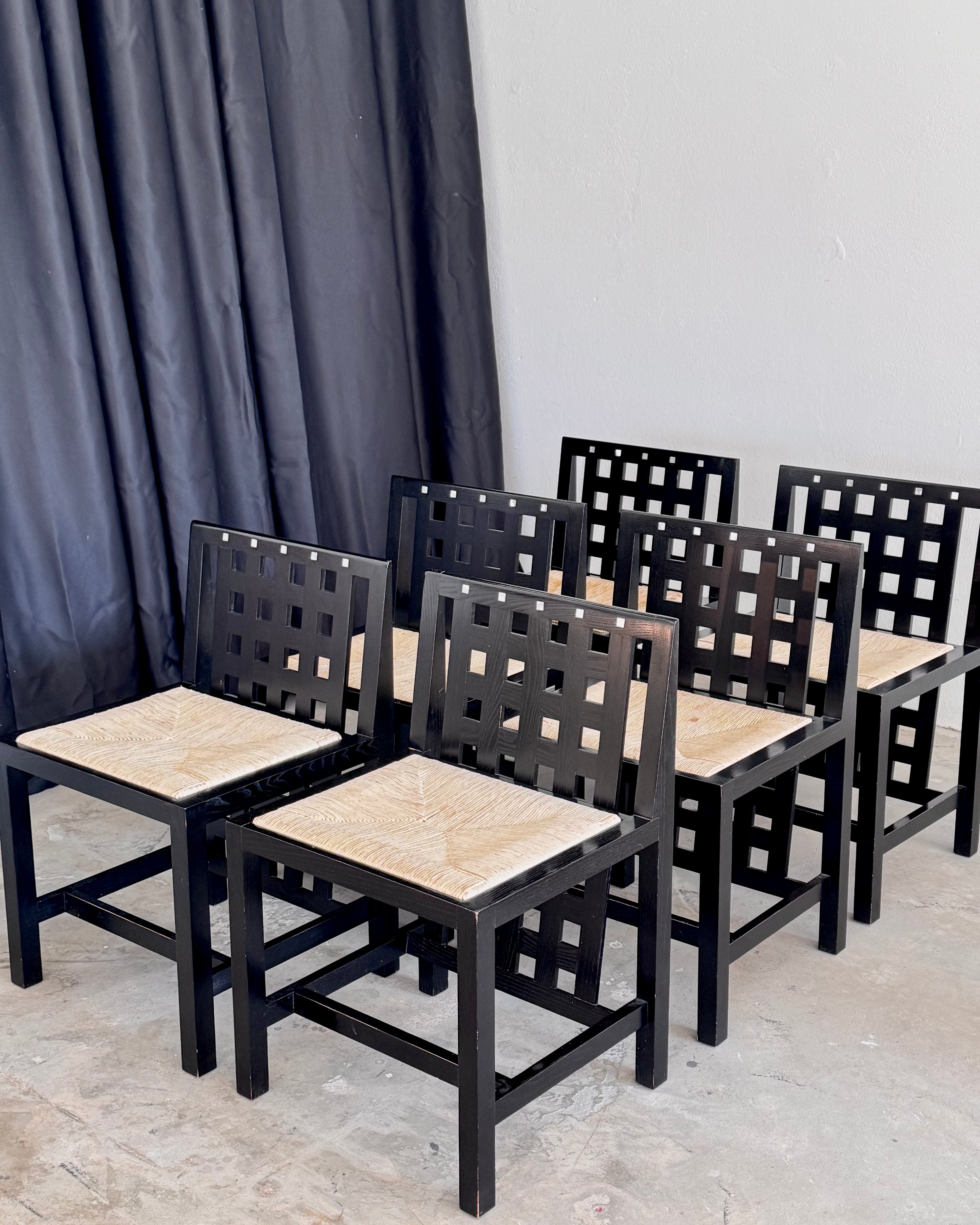 6 Vintage Mackintosh DS3 Dining Chairs for Cassina – Black Wood & Rush Seat – Postmodern Design Set