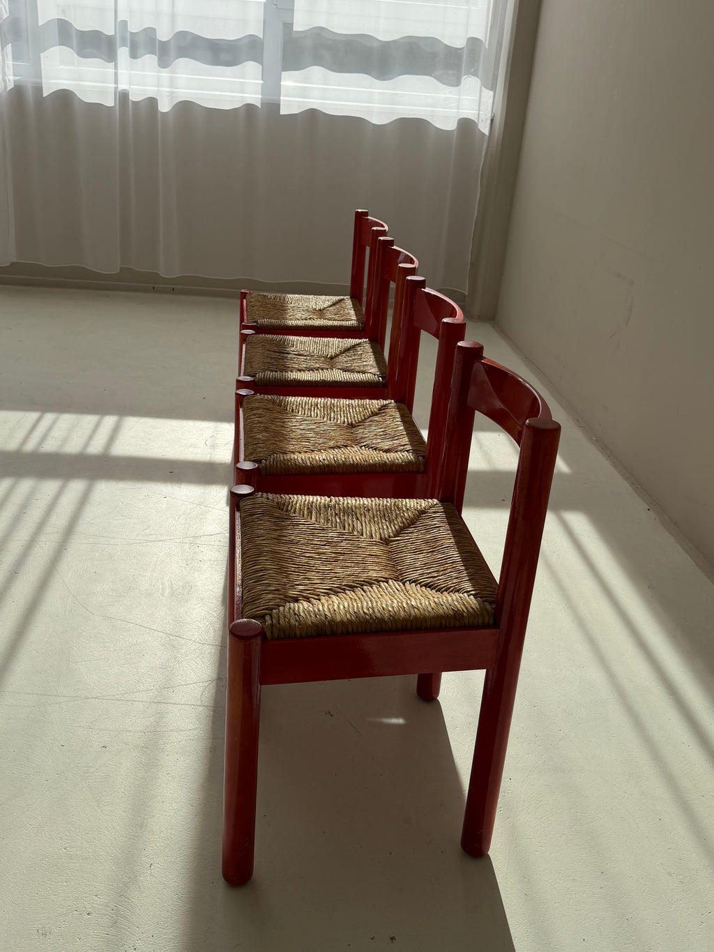 SET of 4 Vintage Red Carimate Chairs style by Vico Magistretti / Wooden Dining Chairs with Woven Seat / Made in Italy / 1970s