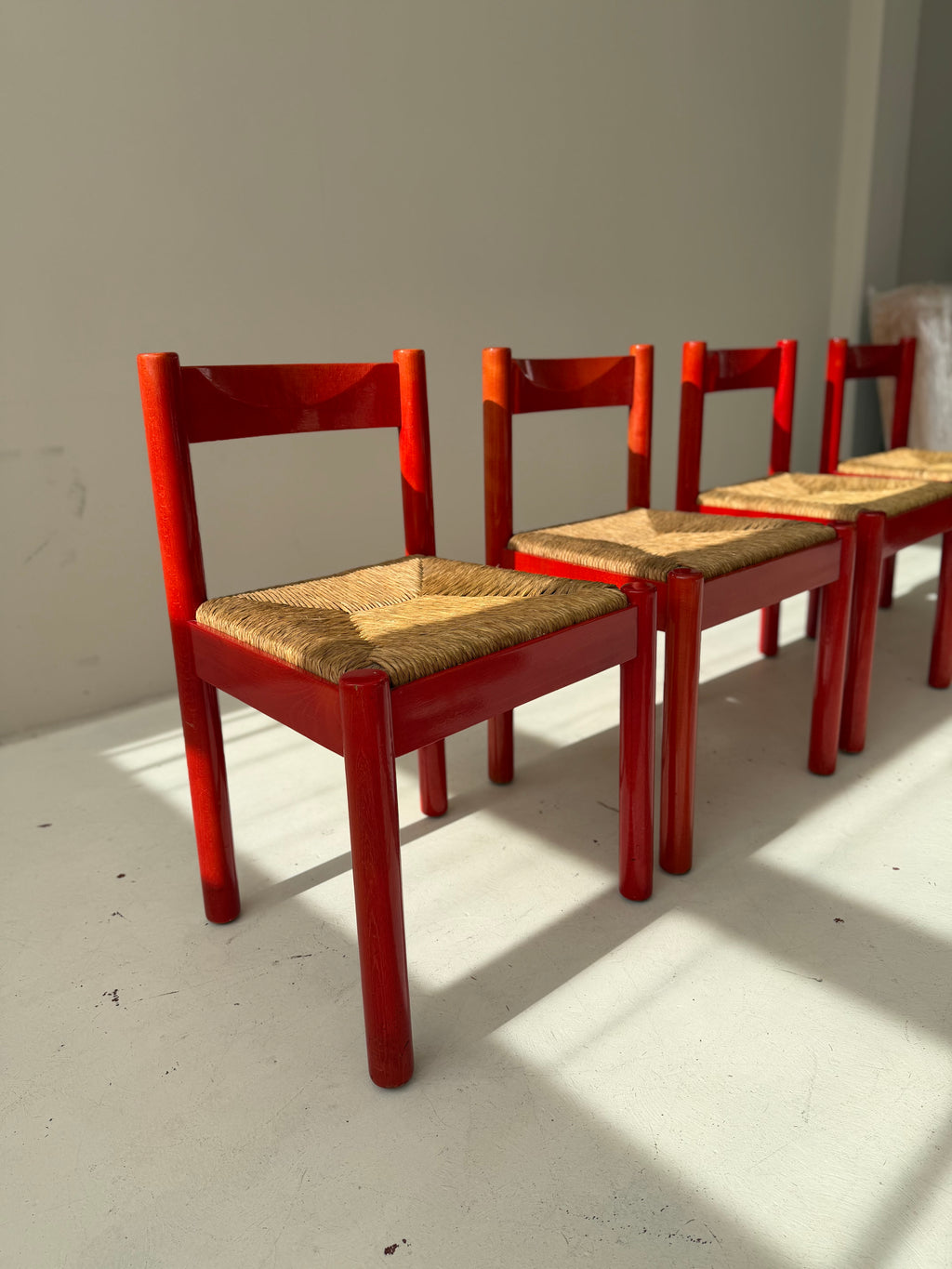 SET of 4 Vintage Red Carimate Chairs style by Vico Magistretti / Wooden Dining Chairs with Woven Seat / Made in Italy / 1970s