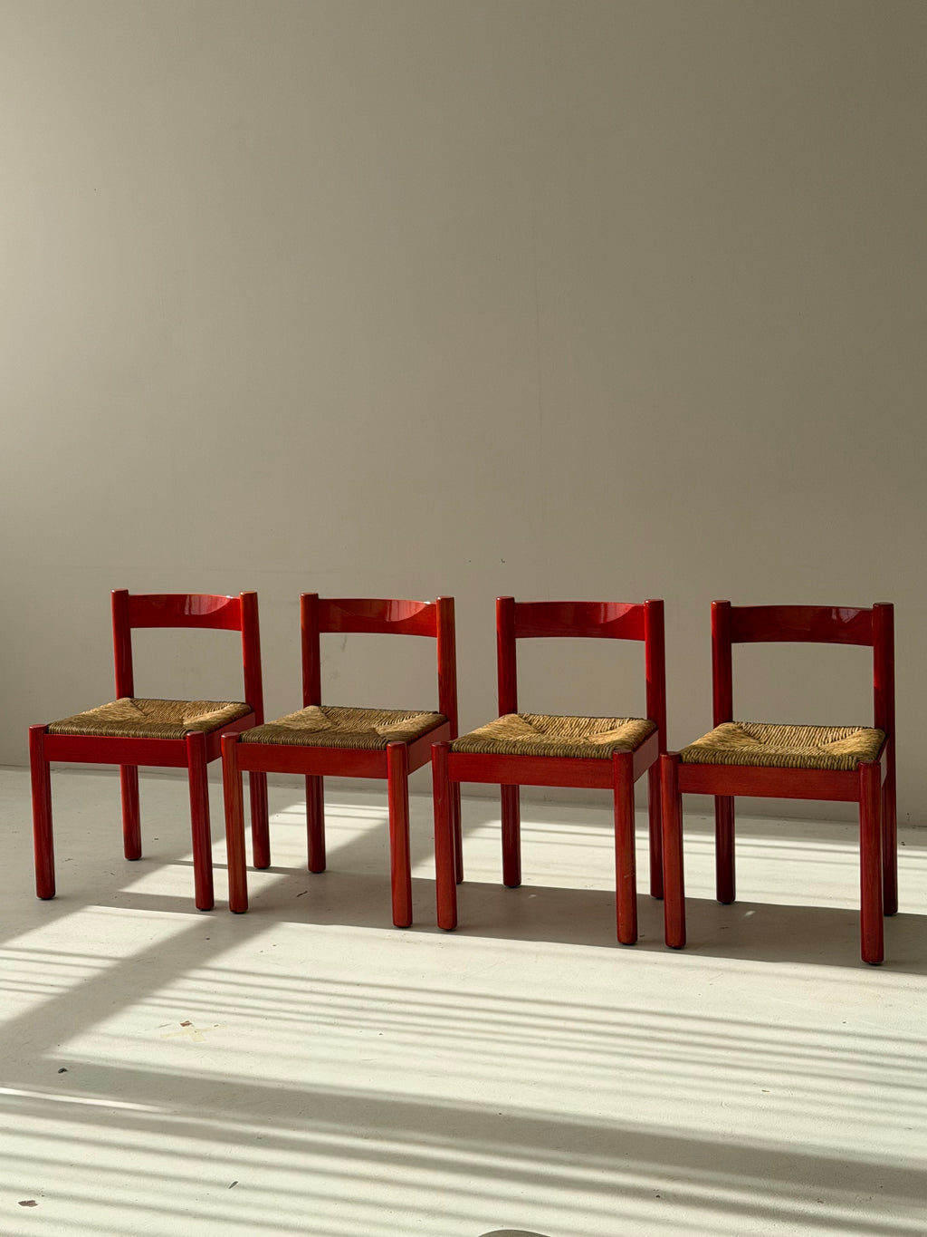 SET of 4 Vintage Red Carimate Chairs style by Vico Magistretti / Wooden Dining Chairs with Woven Seat / Made in Italy / 1970s