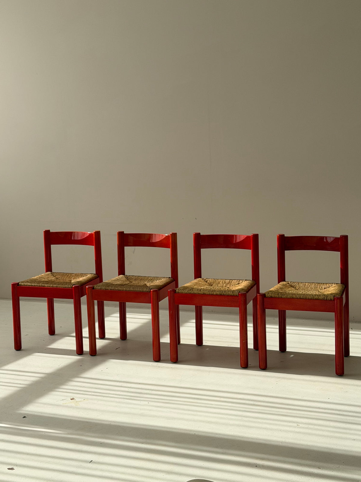 SET of 4 Vintage Red Carimate Chairs style by Vico Magistretti / Wooden Dining Chairs with Woven Seat / Made in Italy / 1970s