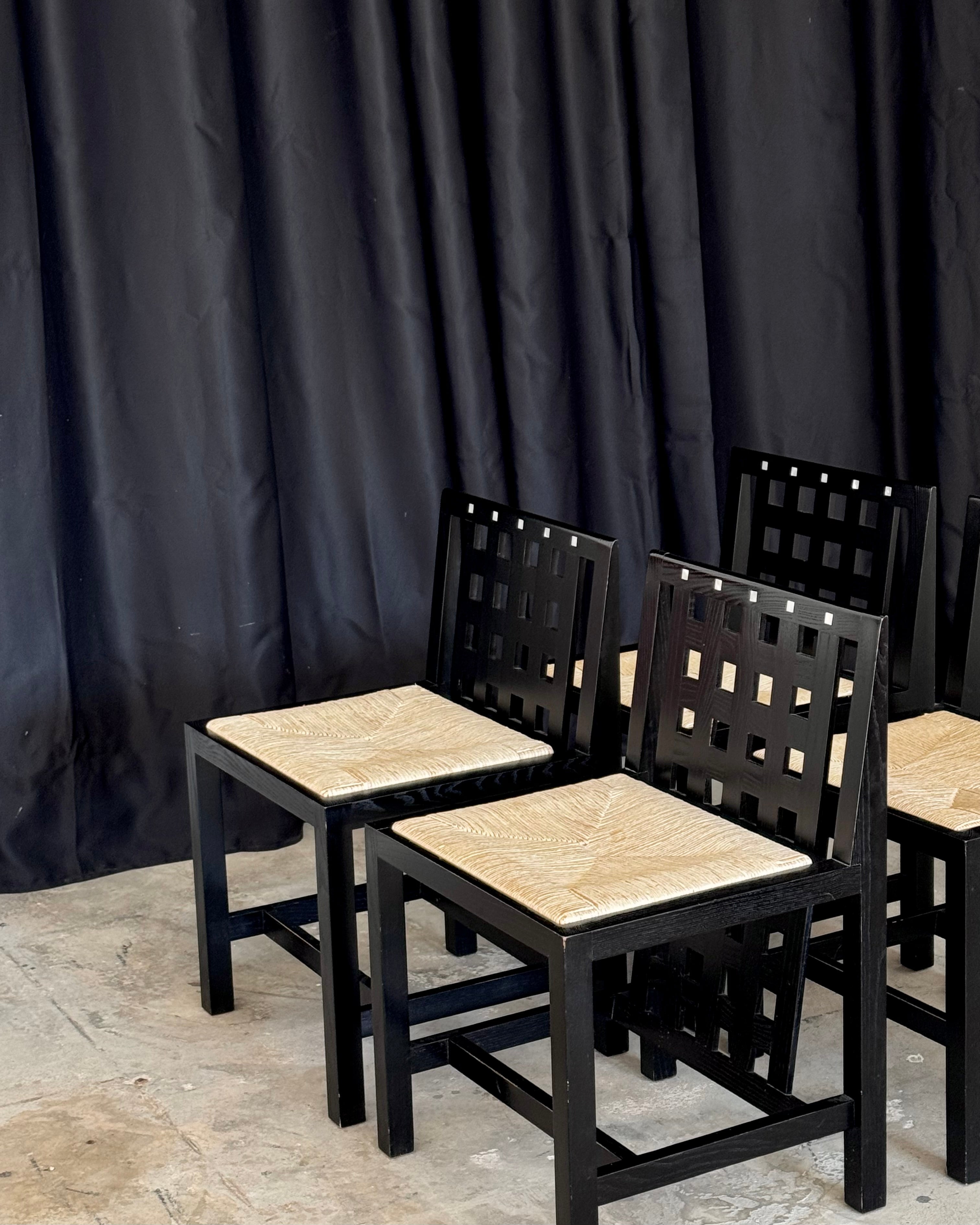 6 Vintage Mackintosh DS3 Dining Chairs for Cassina – Black Wood & Rush Seat – Postmodern Design Set