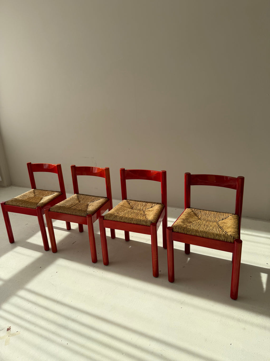 SET of 4 Vintage Red Carimate Chairs style by Vico Magistretti / Wooden Dining Chairs with Woven Seat / Made in Italy / 1970s