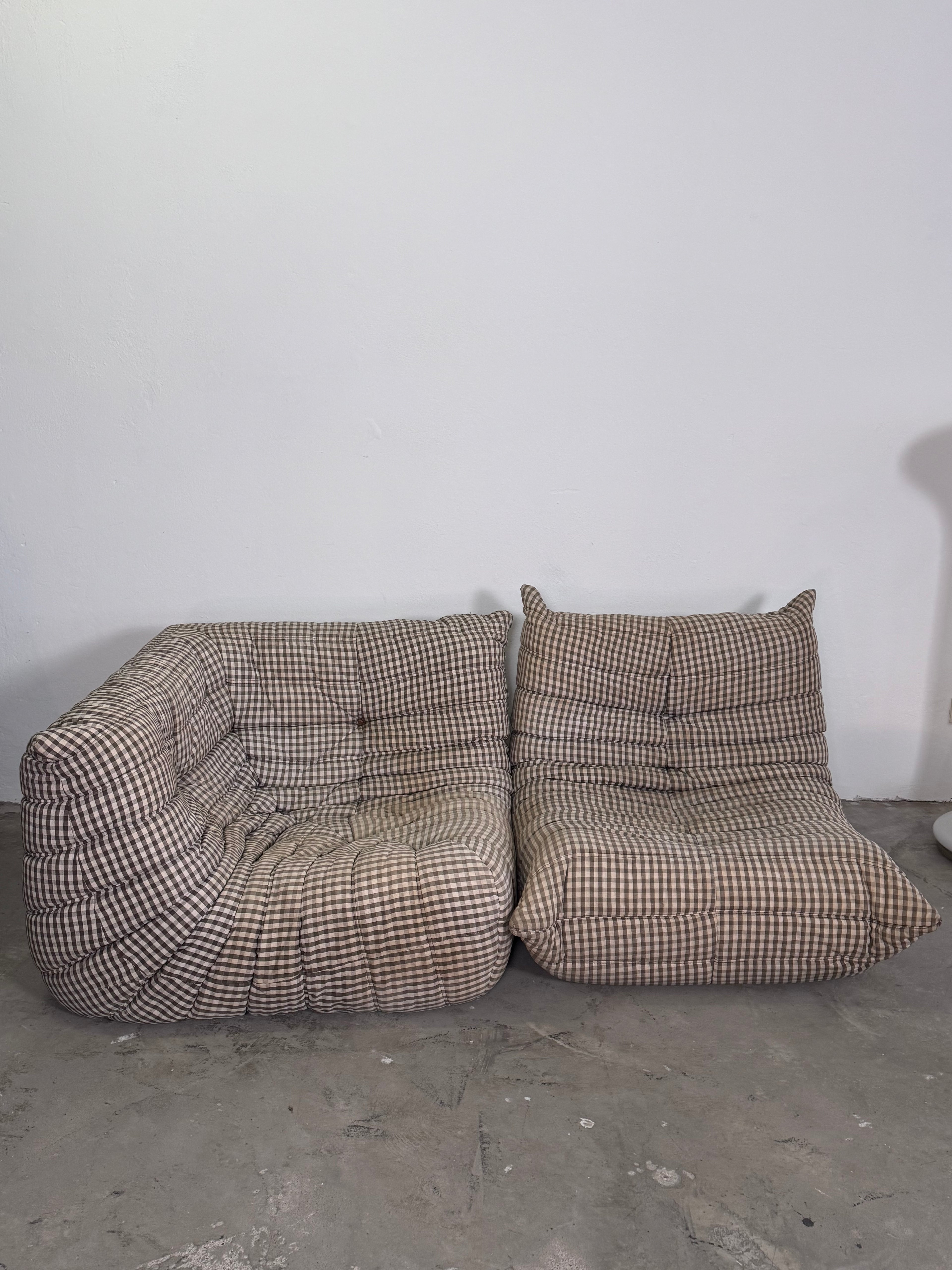 Vintage Ligne Roset Togo Eckelement + Sessel – Originalbezug, Michel Ducaroy Design, 70er/80er Jahre