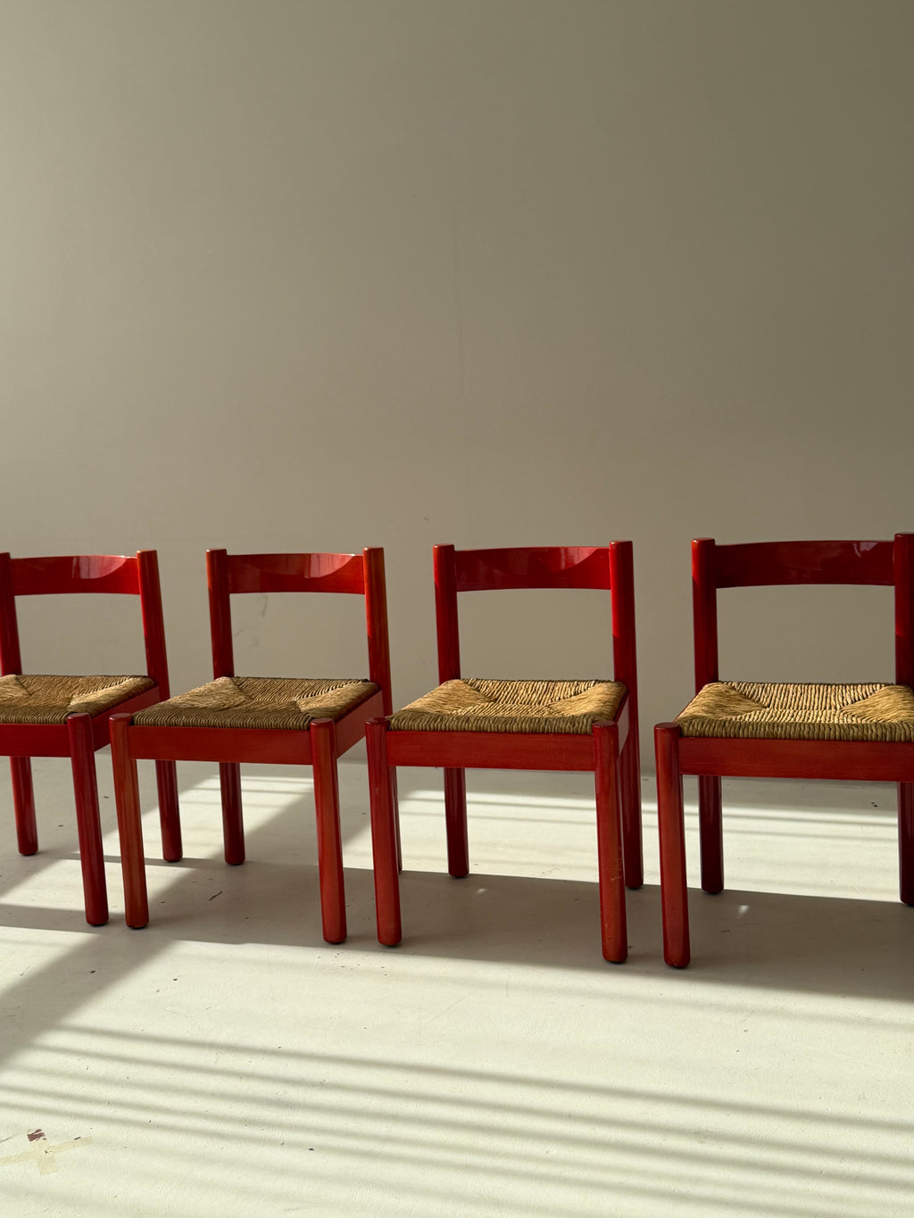 SET of 4 Vintage Red Carimate Chairs style by Vico Magistretti / Wooden Dining Chairs with Woven Seat / Made in Italy / 1970s