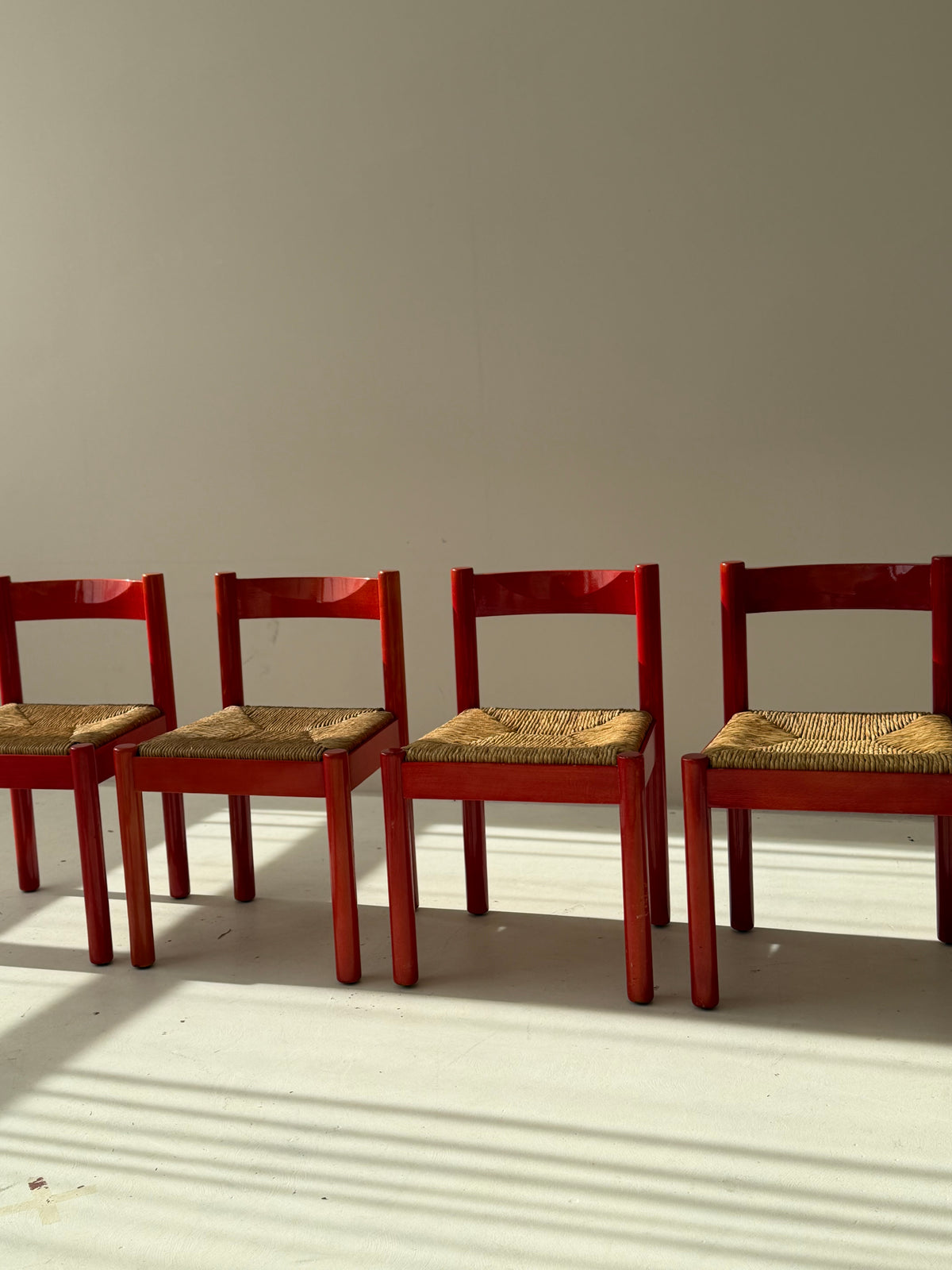 SET of 4 Vintage Red Carimate Chairs style by Vico Magistretti / Wooden Dining Chairs with Woven Seat / Made in Italy / 1970s