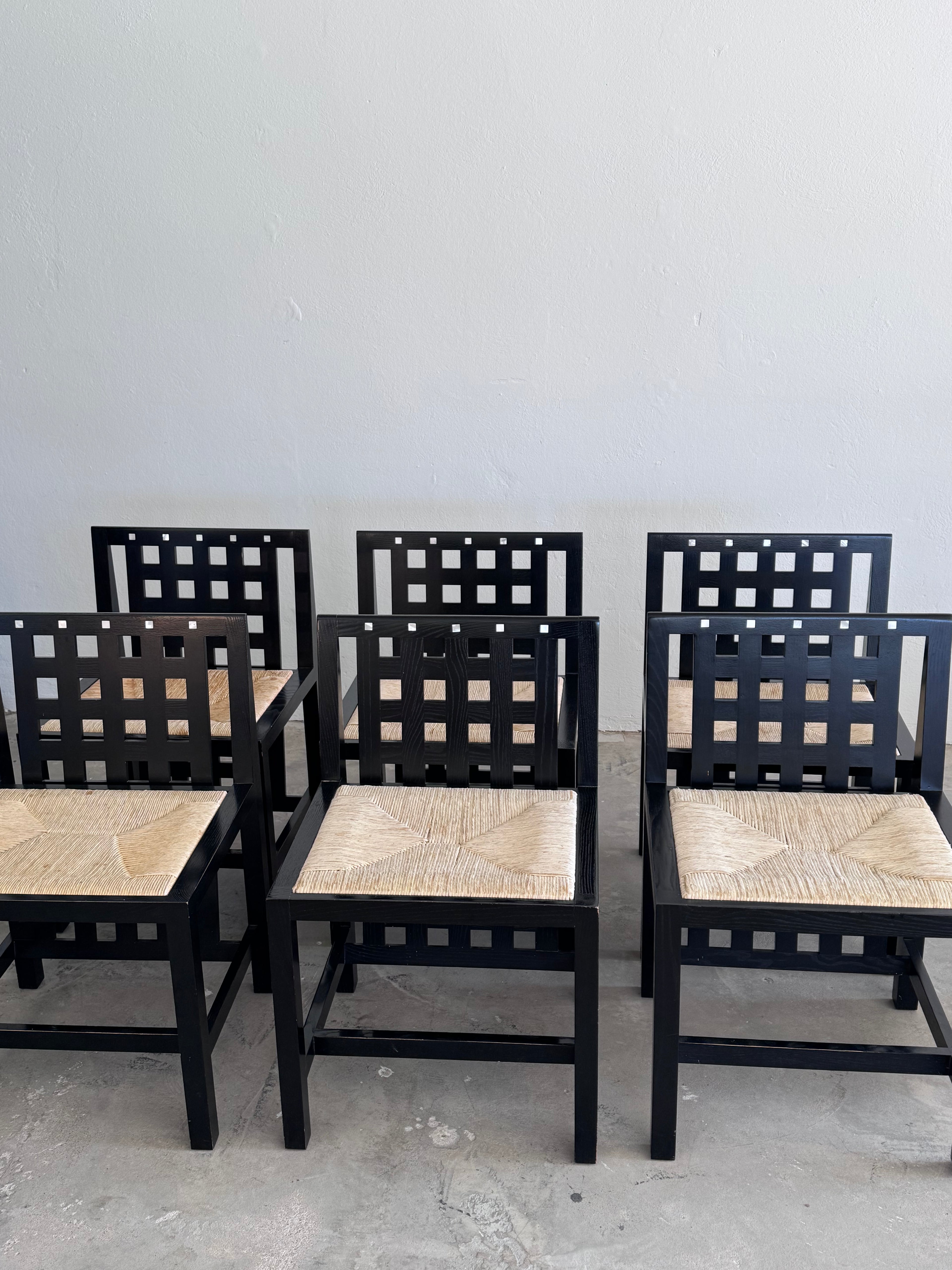 6 Vintage Mackintosh DS3 Dining Chairs for Cassina – Black Wood & Rush Seat – Postmodern Design Set