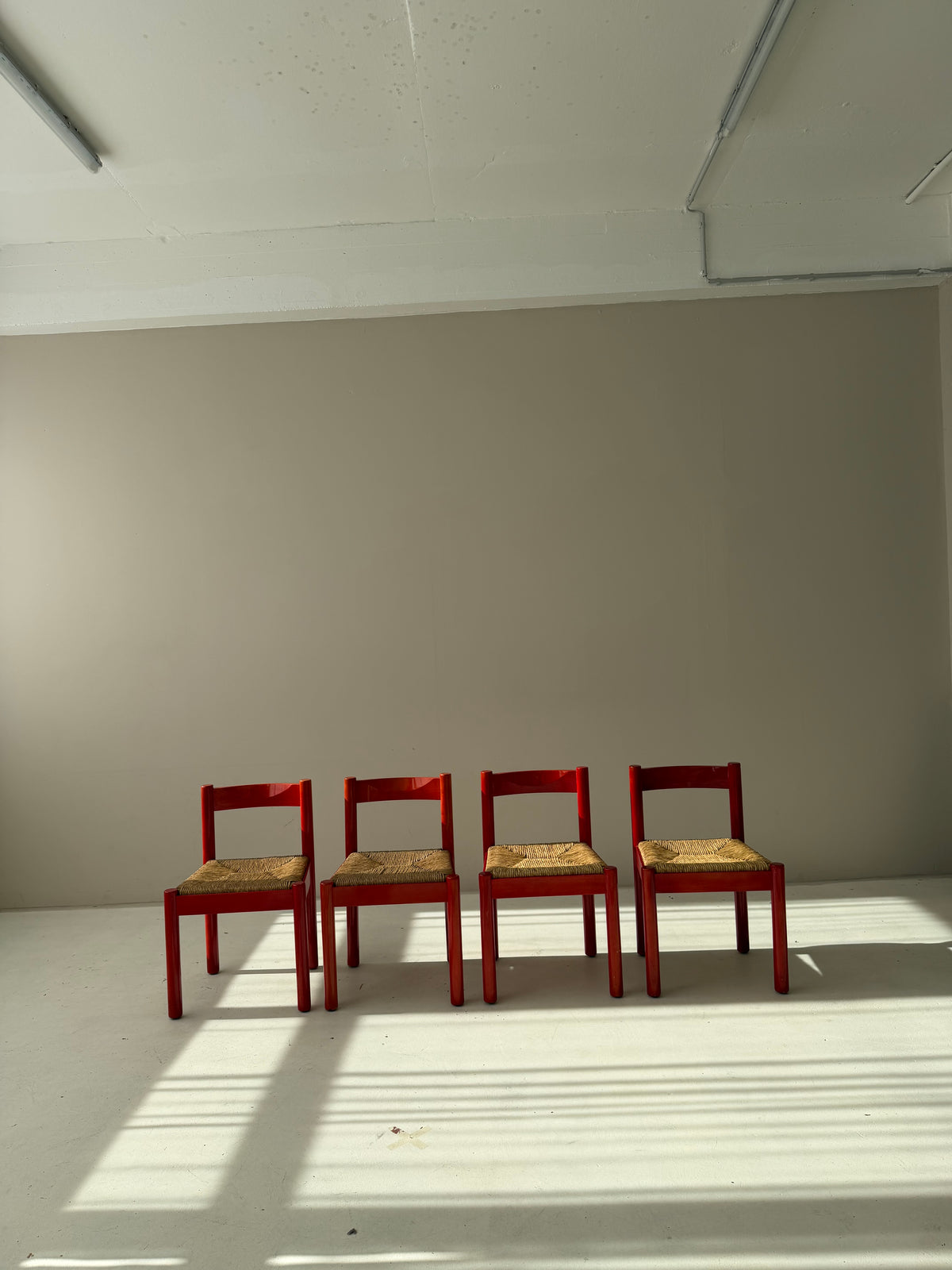 SET of 4 Vintage Red Carimate Chairs style by Vico Magistretti / Wooden Dining Chairs with Woven Seat / Made in Italy / 1970s