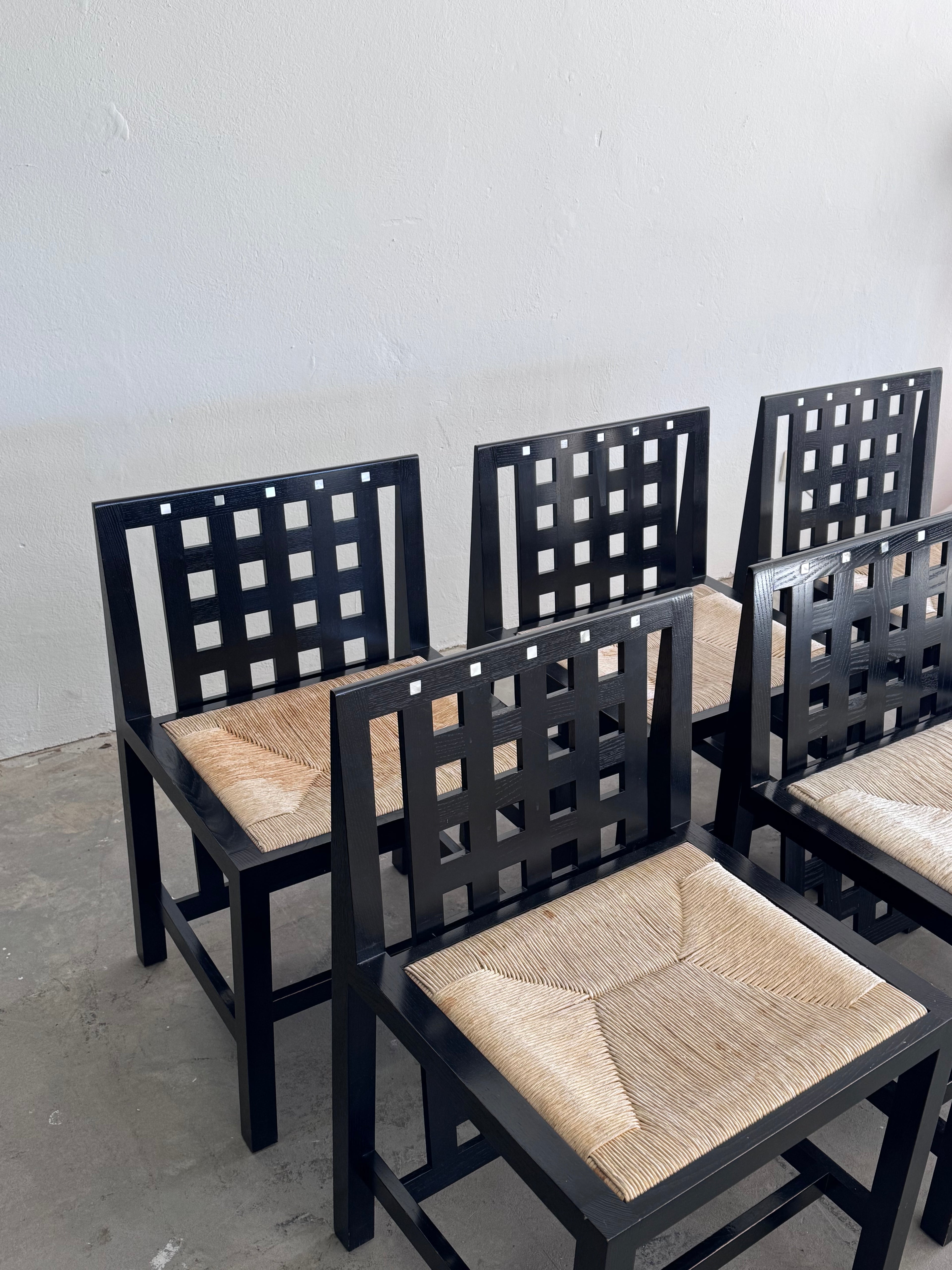 6 Vintage Mackintosh DS3 Dining Chairs for Cassina – Black Wood & Rush Seat – Postmodern Design Set