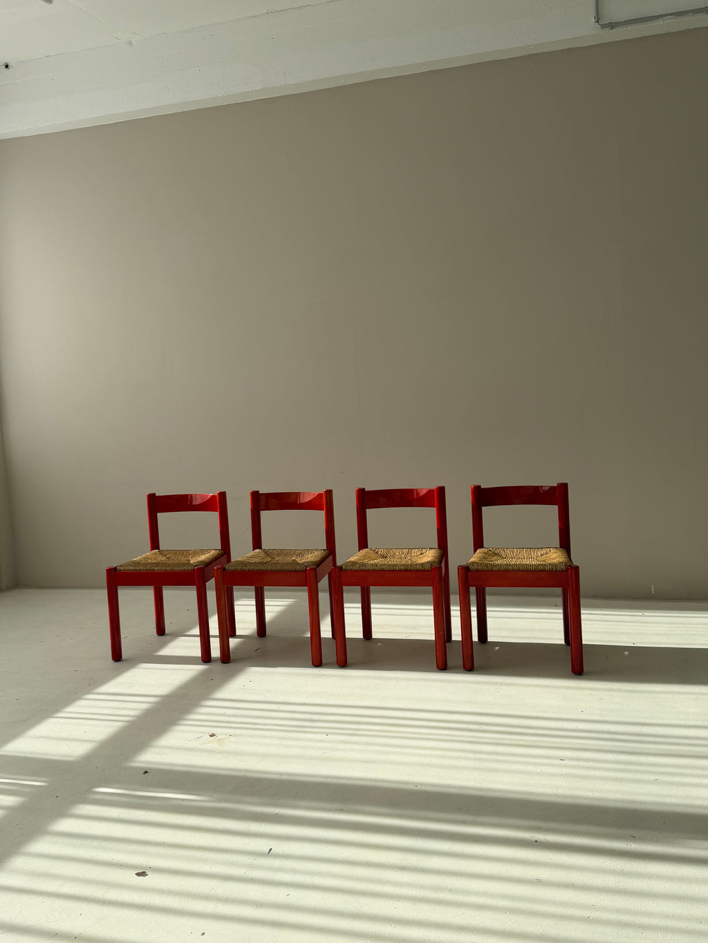 SET of 4 Vintage Red Carimate Chairs style by Vico Magistretti / Wooden Dining Chairs with Woven Seat / Made in Italy / 1970s