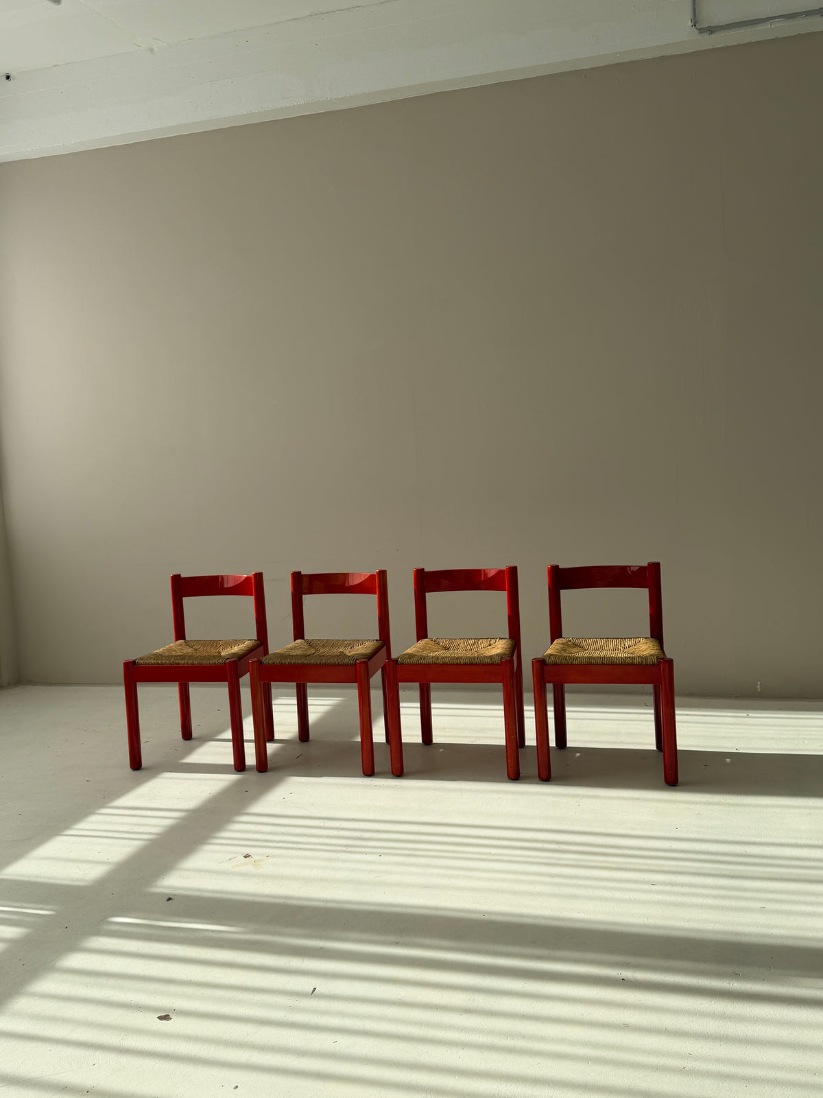 SET of 4 Vintage Red Carimate Chairs style by Vico Magistretti / Wooden Dining Chairs with Woven Seat / Made in Italy / 1970s