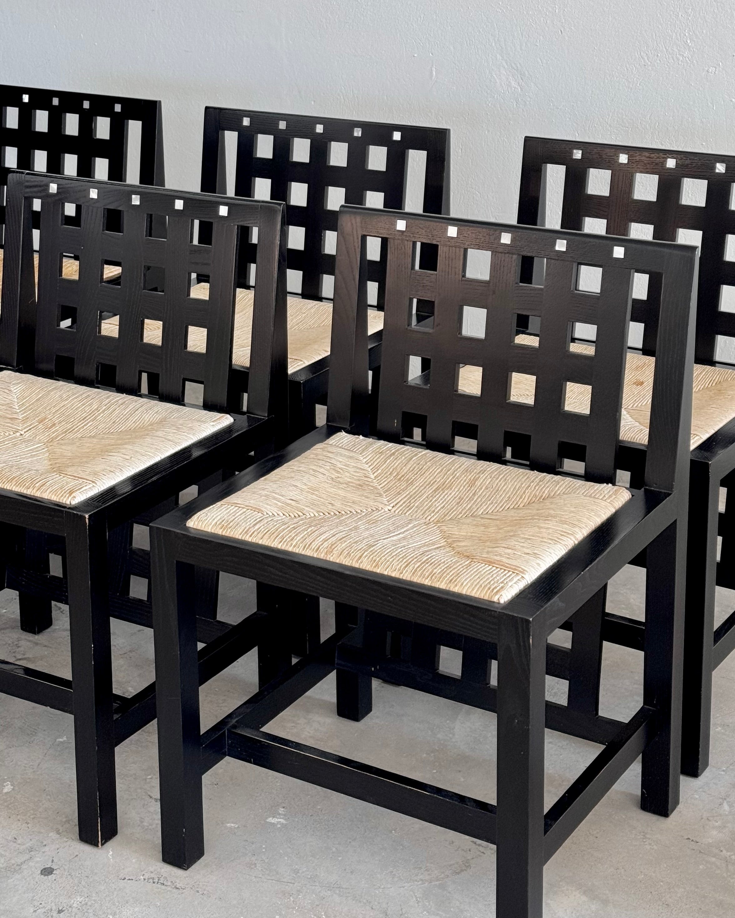 6 Vintage Mackintosh DS3 Dining Chairs for Cassina – Black Wood & Rush Seat – Postmodern Design Set