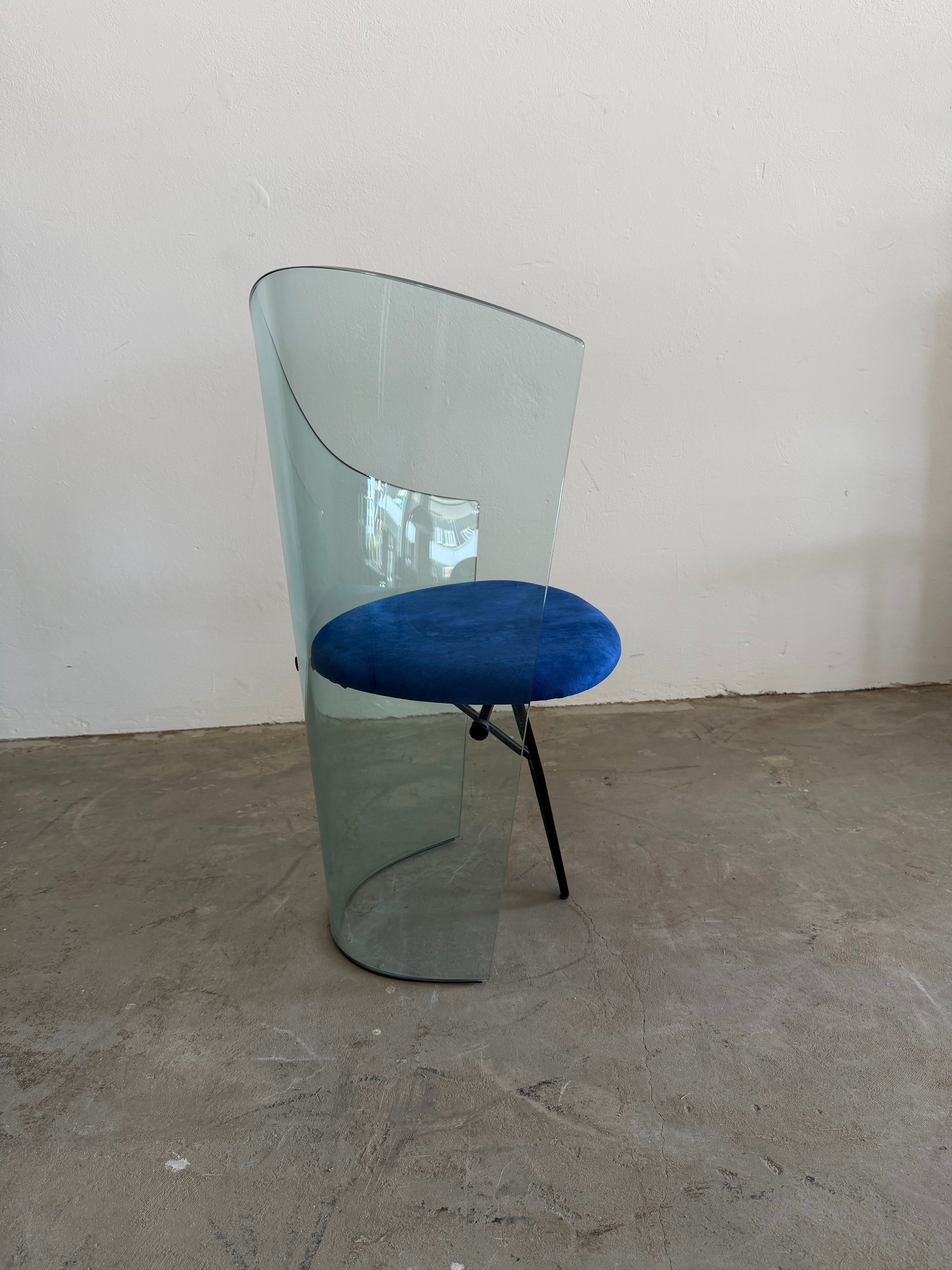 Rare Italian Orion Glass Chair, 1995 – Postmodern Curved Glass Armchair, Blue Alcantara