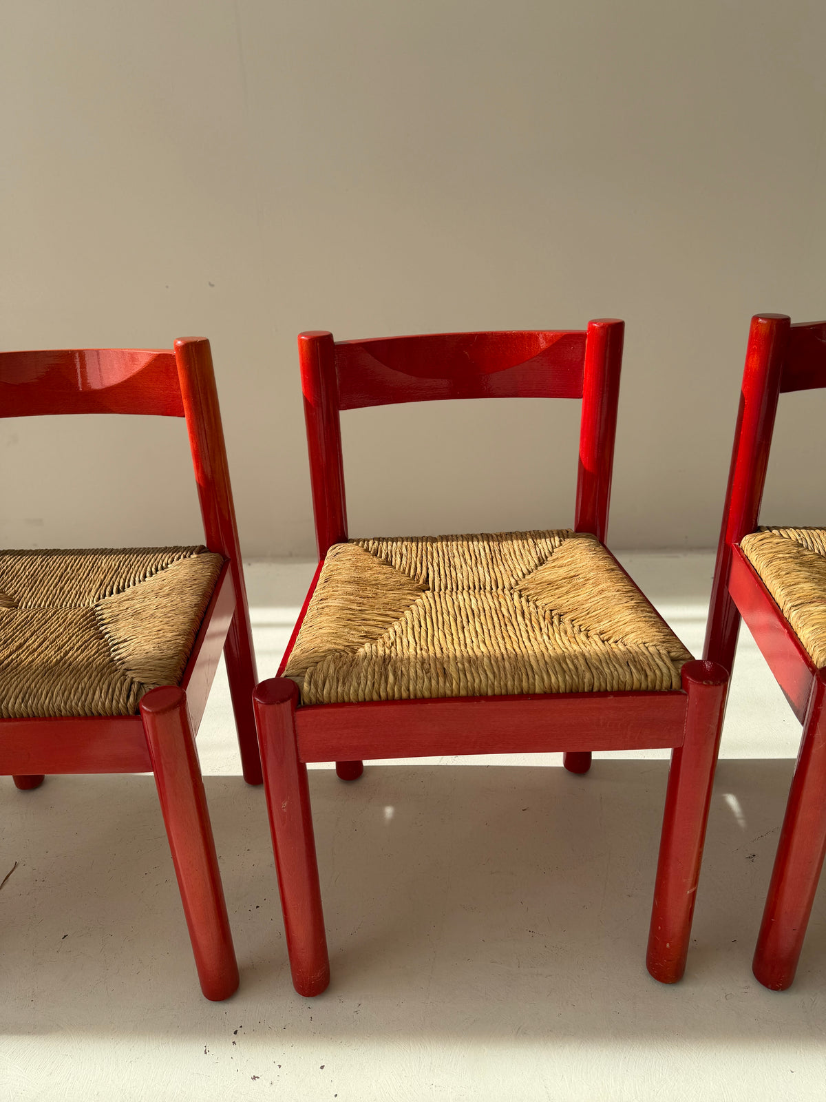 SET of 4 Vintage Red Carimate Chairs style by Vico Magistretti / Wooden Dining Chairs with Woven Seat / Made in Italy / 1970s