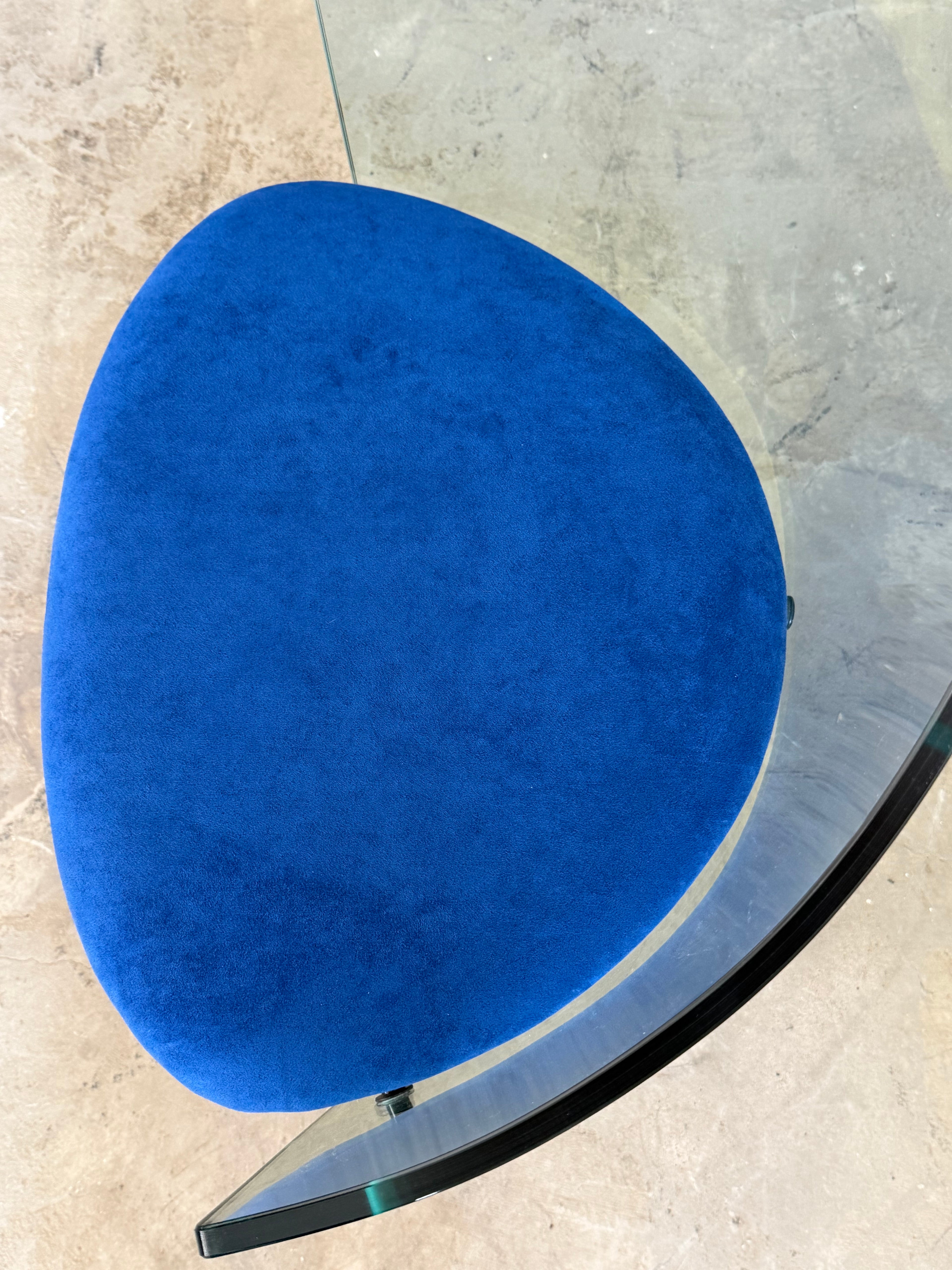 Rare Italian Orion Glass Chair, 1995 – Postmodern Curved Glass Armchair, Blue Alcantara