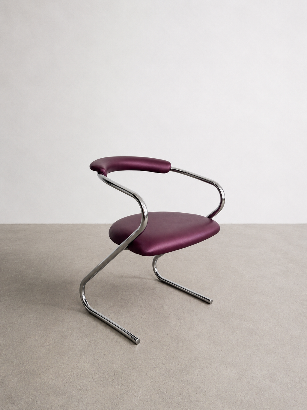 Set of 4 Cantilever Chairs · 1970s · Chrome Frame · Metallic Aubergine Faux Leather · Vintage Space Age
