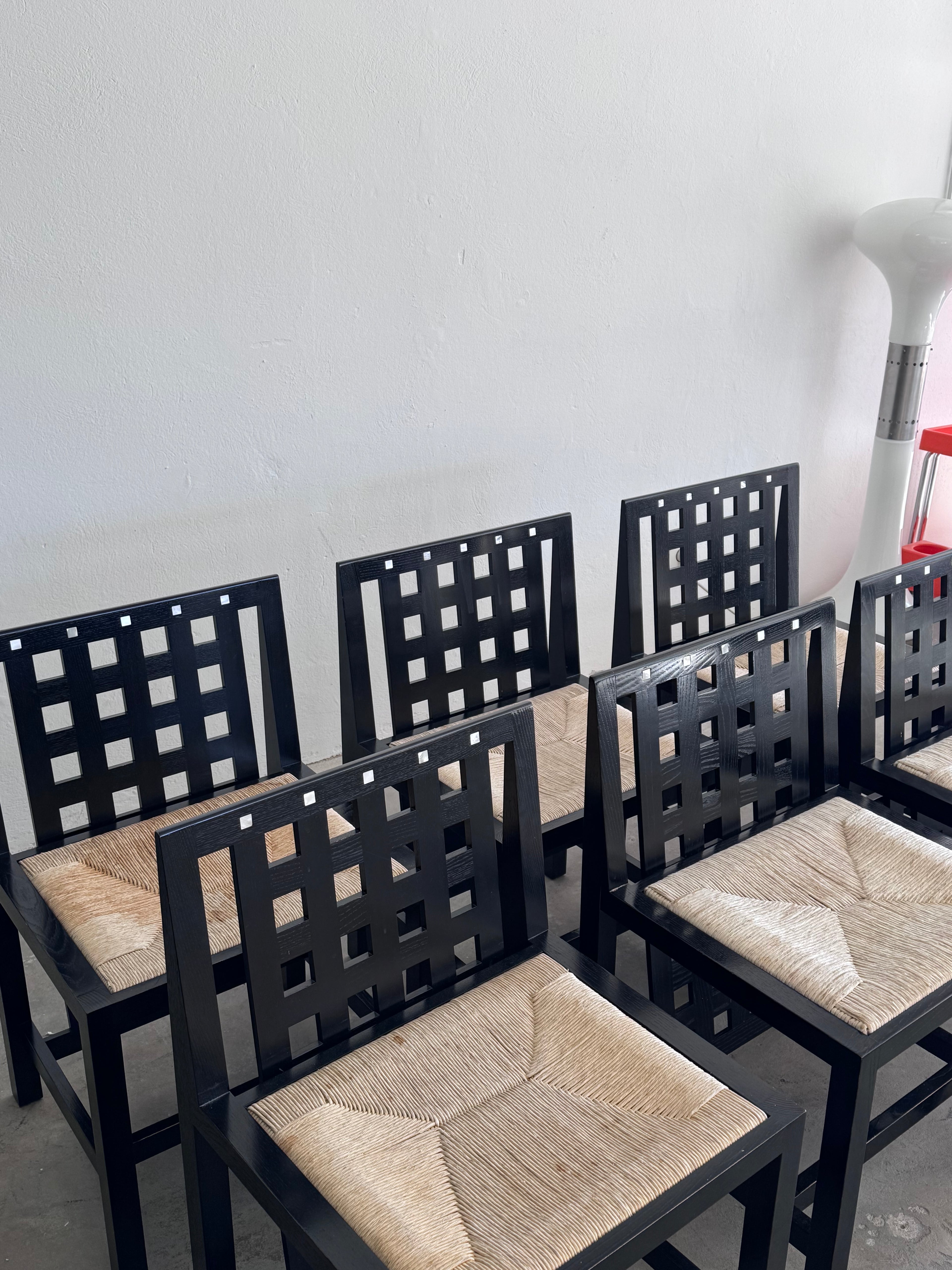6 Vintage Mackintosh DS3 Dining Chairs for Cassina – Black Wood & Rush Seat – Postmodern Design Set