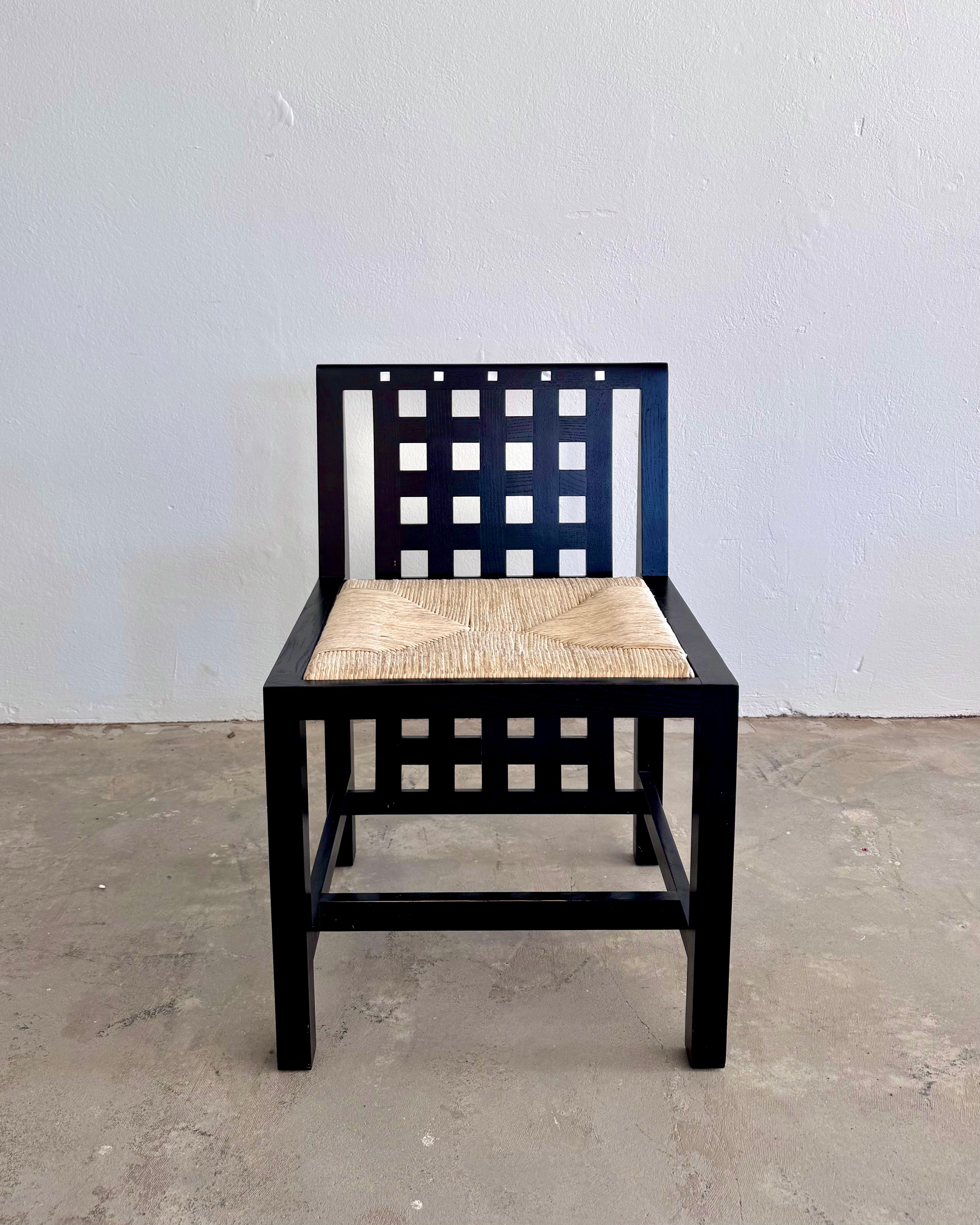 6 Vintage Mackintosh DS3 Dining Chairs for Cassina – Black Wood & Rush Seat – Postmodern Design Set