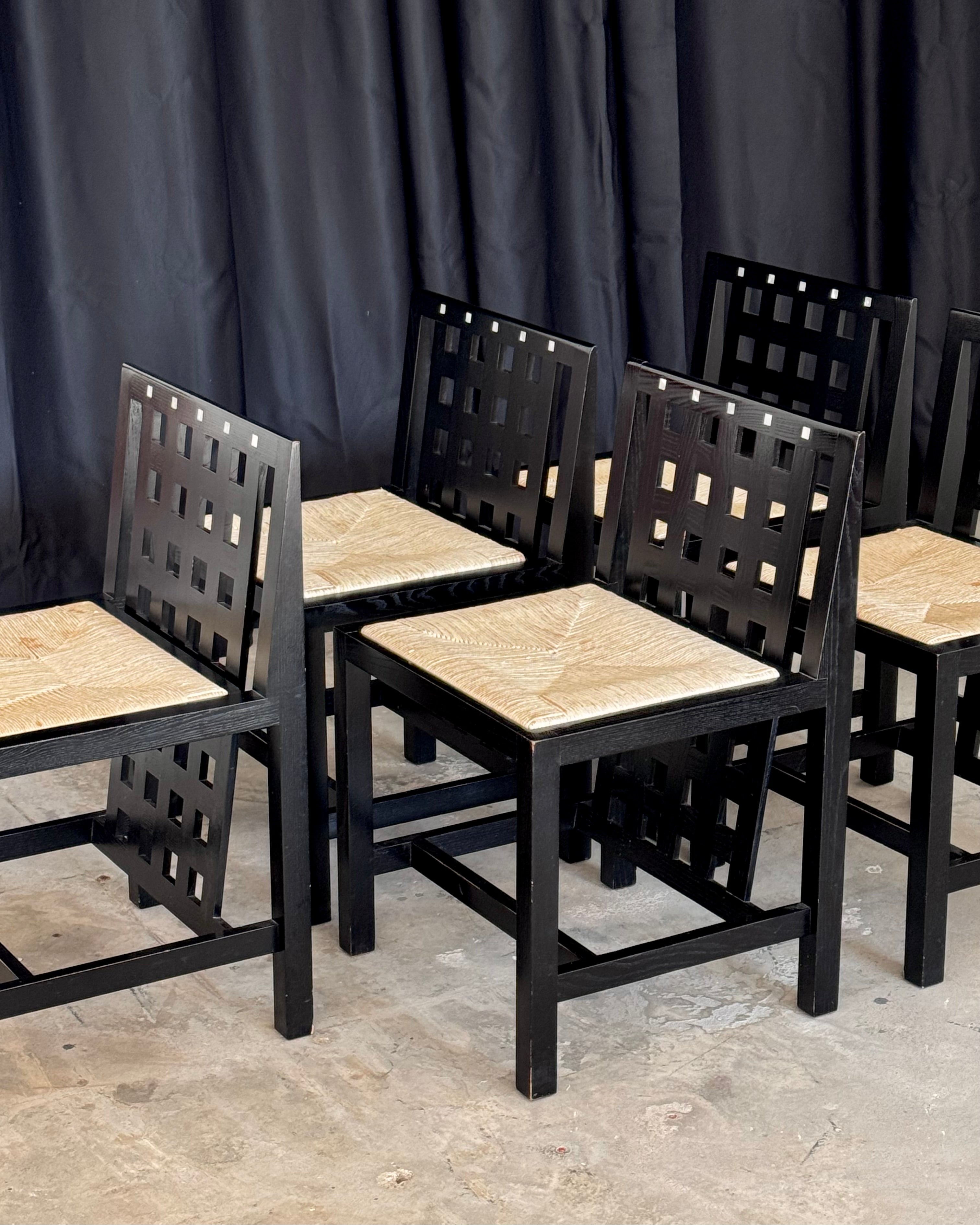 6 Vintage Mackintosh DS3 Dining Chairs for Cassina – Black Wood & Rush Seat – Postmodern Design Set