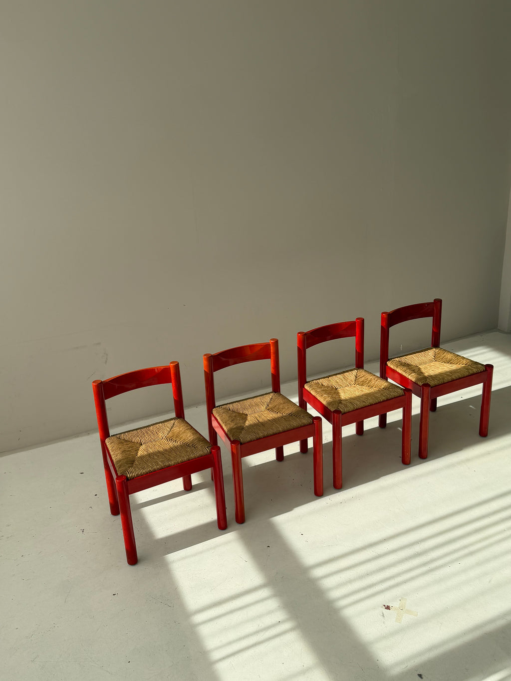 SET of 4 Vintage Red Carimate Chairs style by Vico Magistretti / Wooden Dining Chairs with Woven Seat / Made in Italy / 1970s