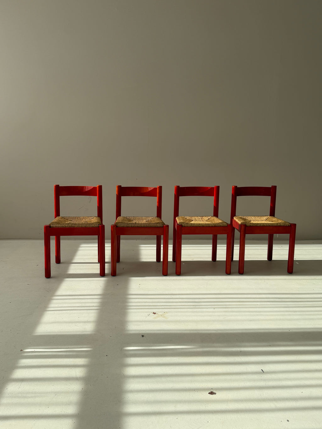 SET of 4 Vintage Red Carimate Chairs style by Vico Magistretti / Wooden Dining Chairs with Woven Seat / Made in Italy / 1970s