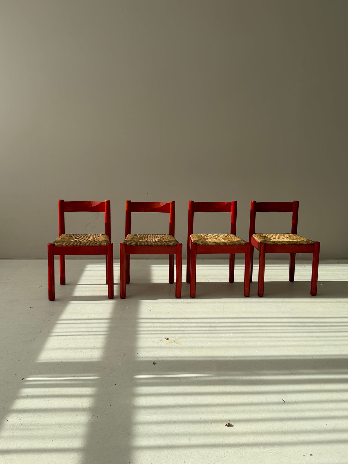 SET of 4 Vintage Red Carimate Chairs style by Vico Magistretti / Wooden Dining Chairs with Woven Seat / Made in Italy / 1970s