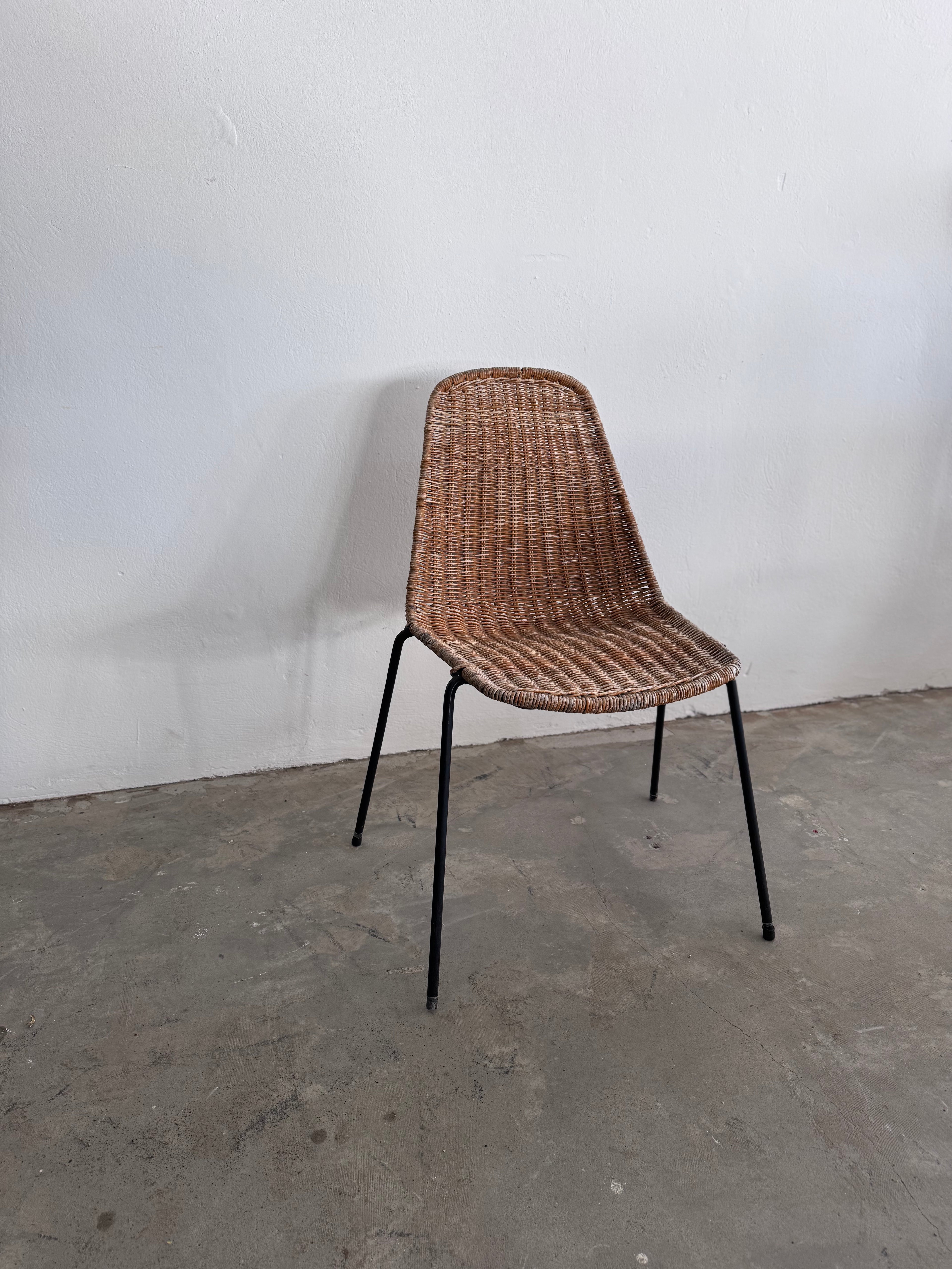 Gian Franco Legler Korbstuhl – Mid Century Rattan Esszimmerstuhl, Italien 1950er/60er, Stahlgestell