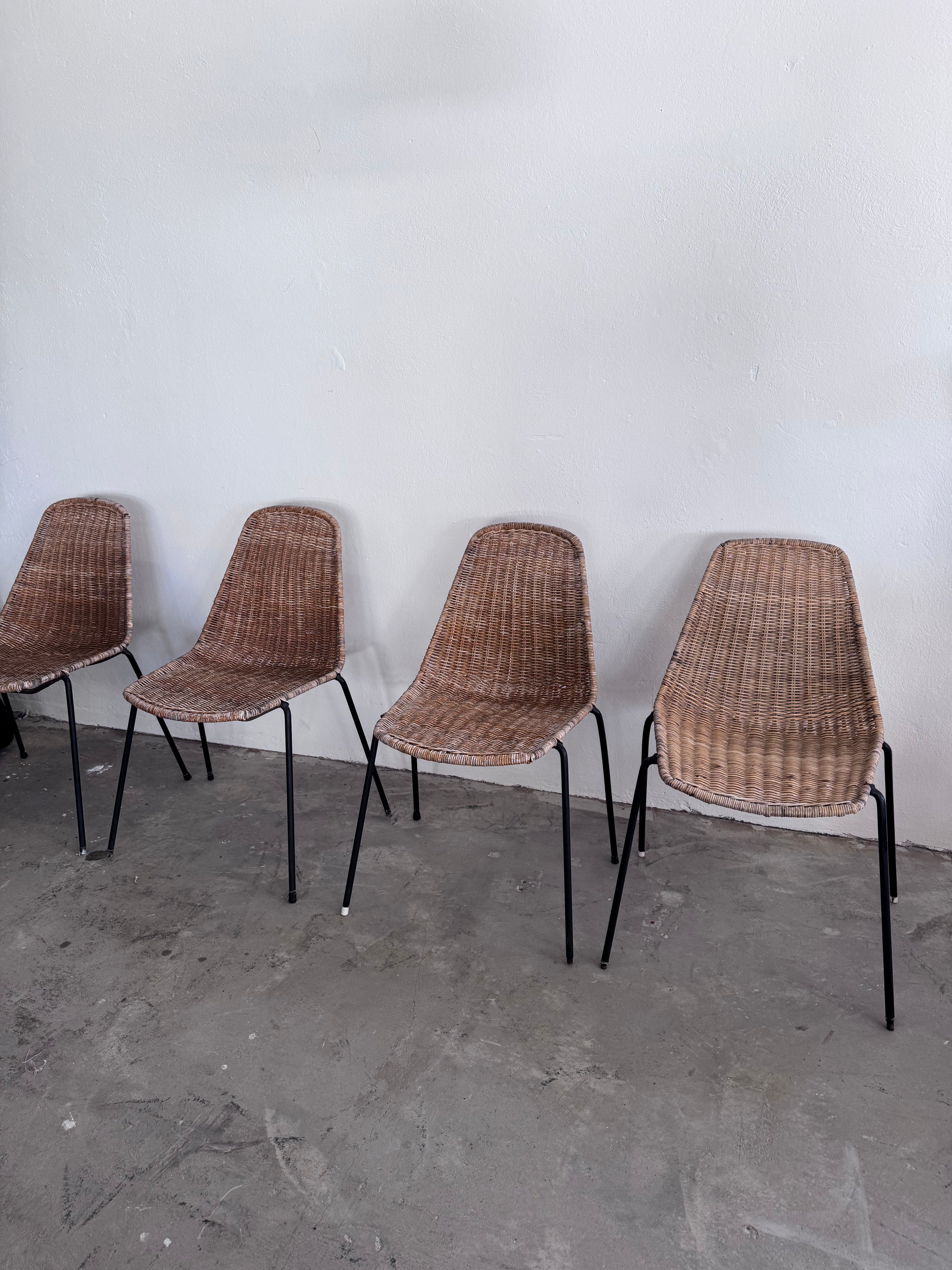Gian Franco Legler Korbstuhl – Mid Century Rattan Esszimmerstuhl, Italien 1950er/60er, Stahlgestell