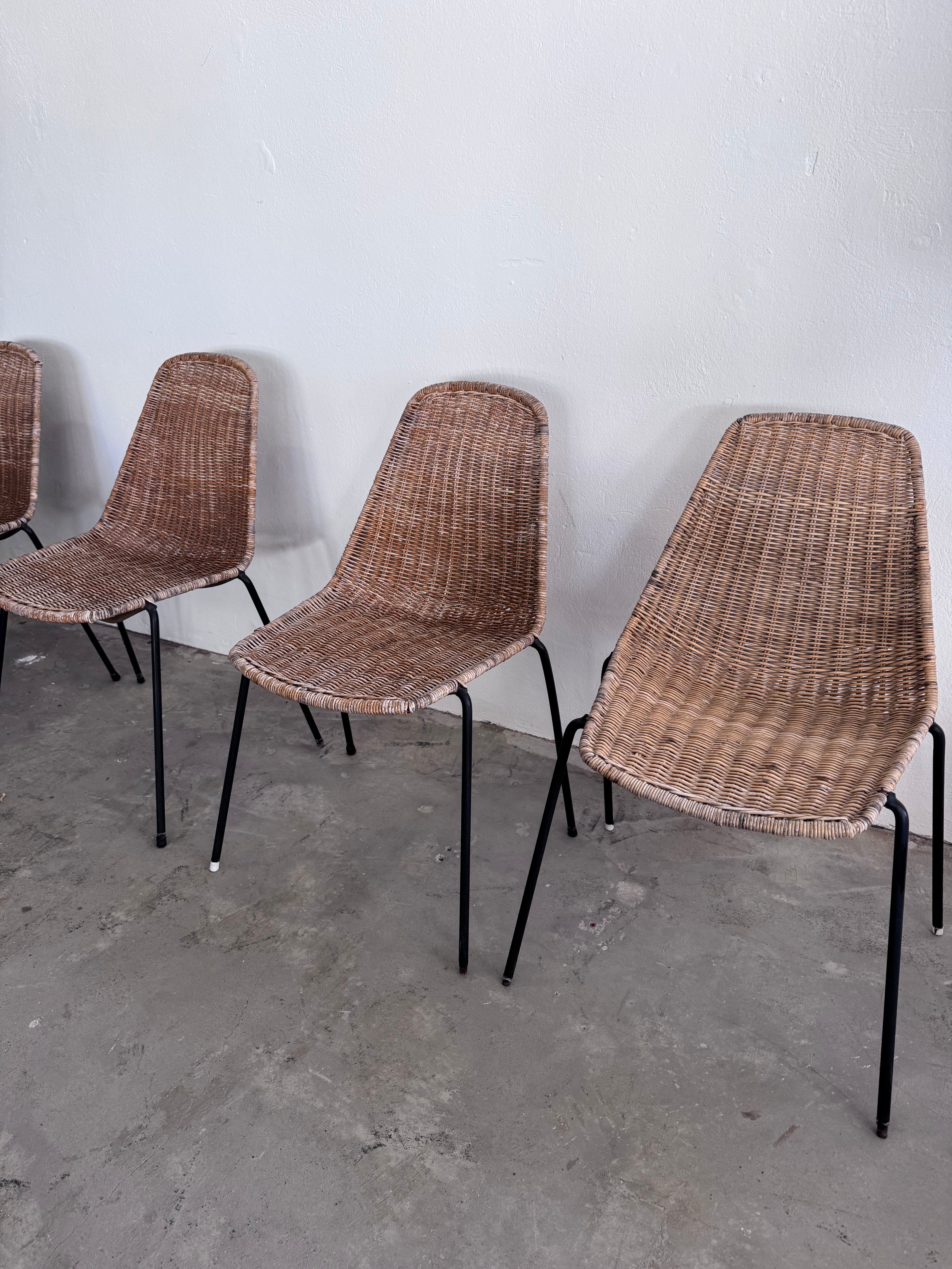 Gian Franco Legler Korbstuhl – Mid Century Rattan Esszimmerstuhl, Italien 1950er/60er, Stahlgestell