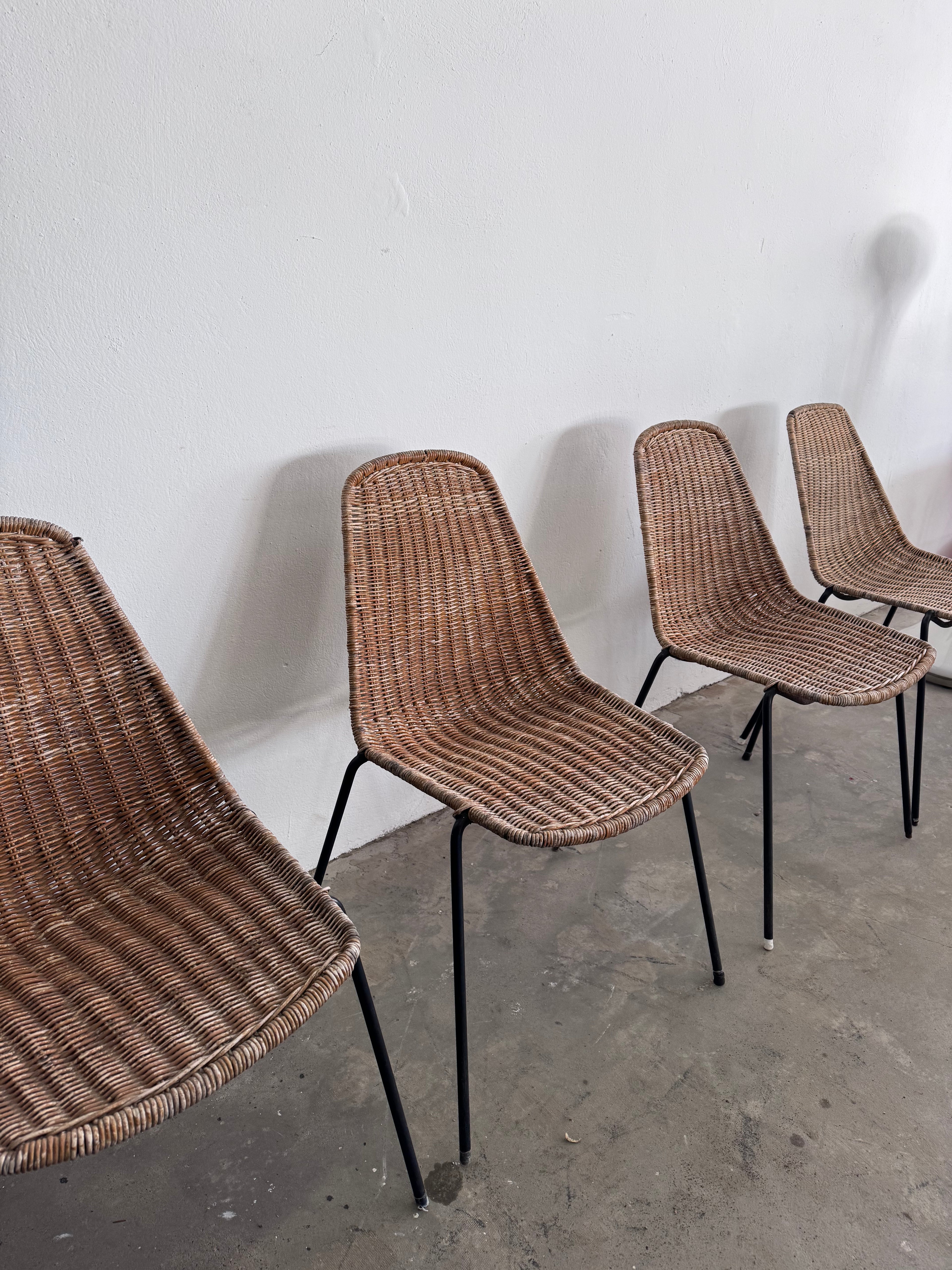 Gian Franco Legler Korbstuhl – Mid Century Rattan Esszimmerstuhl, Italien 1950er/60er, Stahlgestell