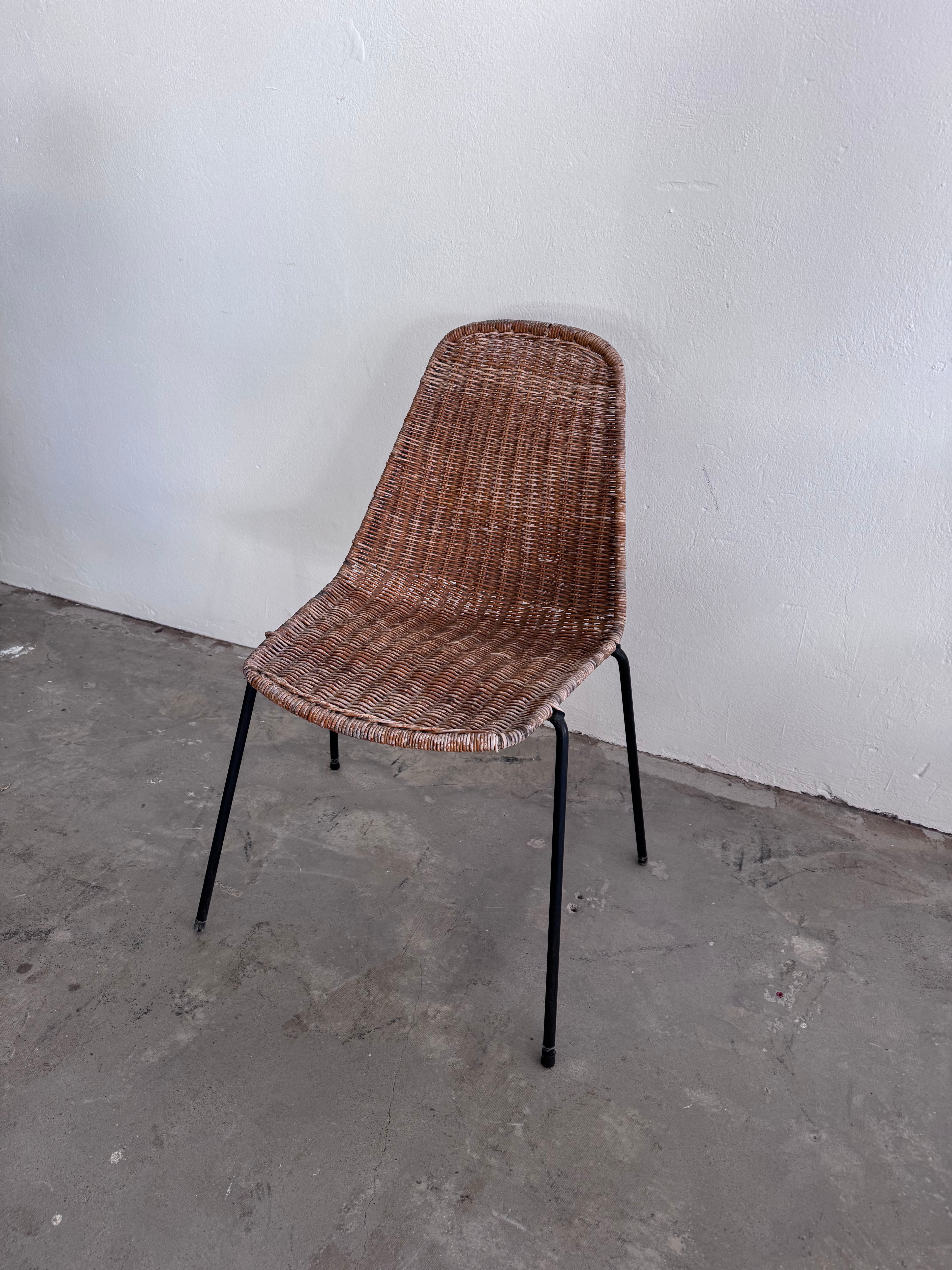 Gian Franco Legler Korbstuhl – Mid Century Rattan Esszimmerstuhl, Italien 1950er/60er, Stahlgestell