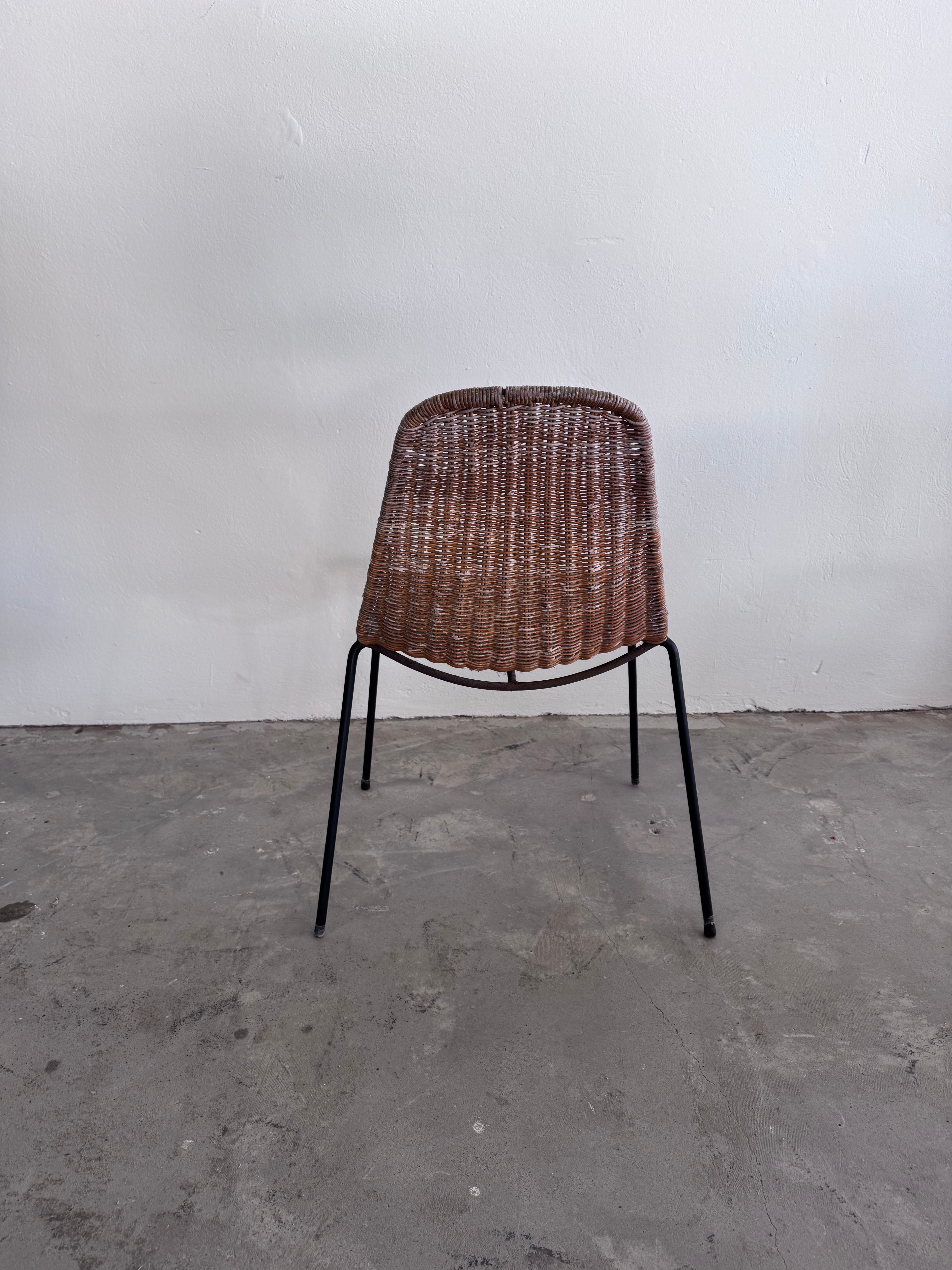 Gian Franco Legler Korbstuhl – Mid Century Rattan Esszimmerstuhl, Italien 1950er/60er, Stahlgestell