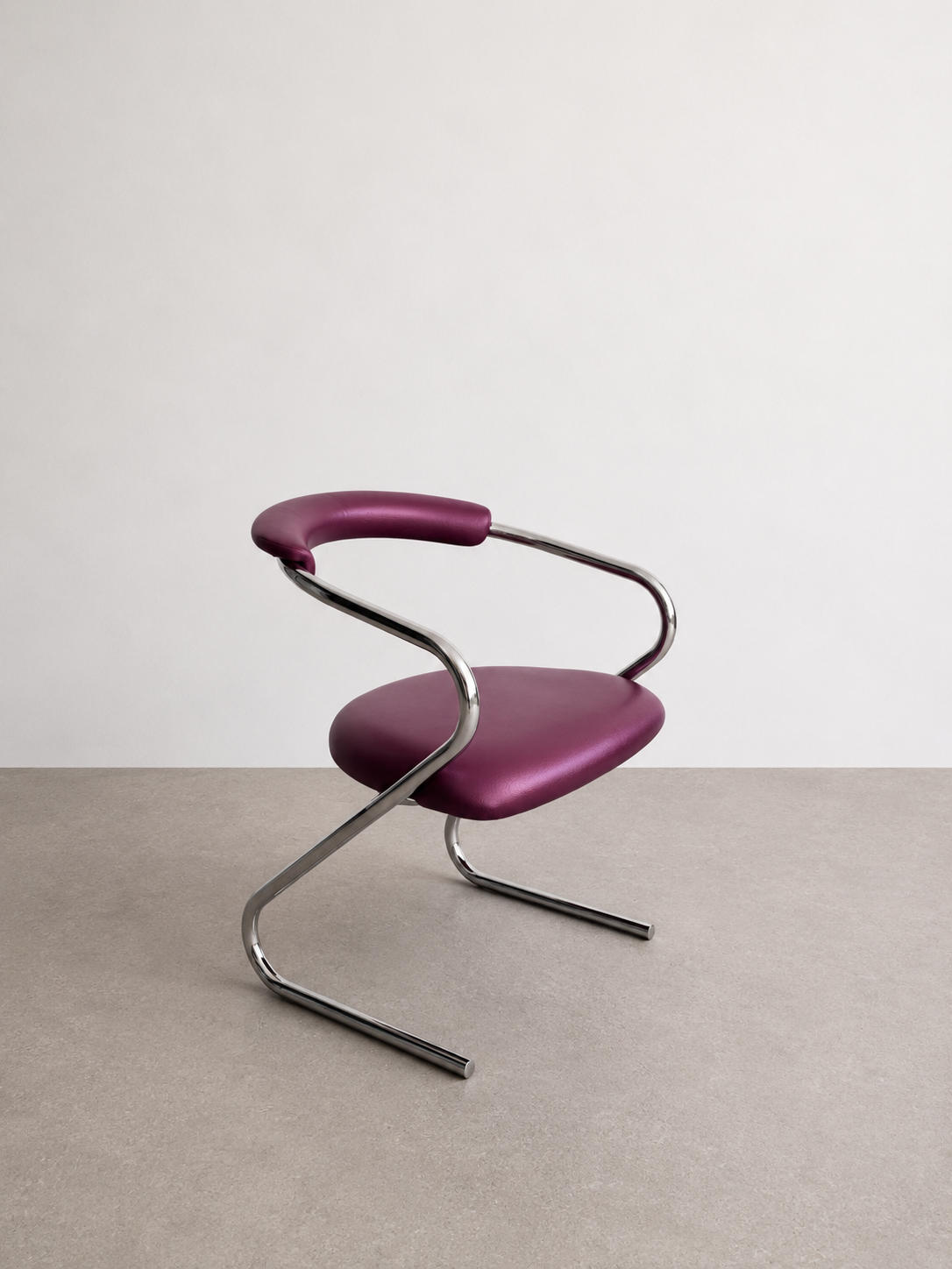 Set of 4 Cantilever Chairs · 1970s · Chrome Frame · Metallic Aubergine Faux Leather · Vintage Space Age