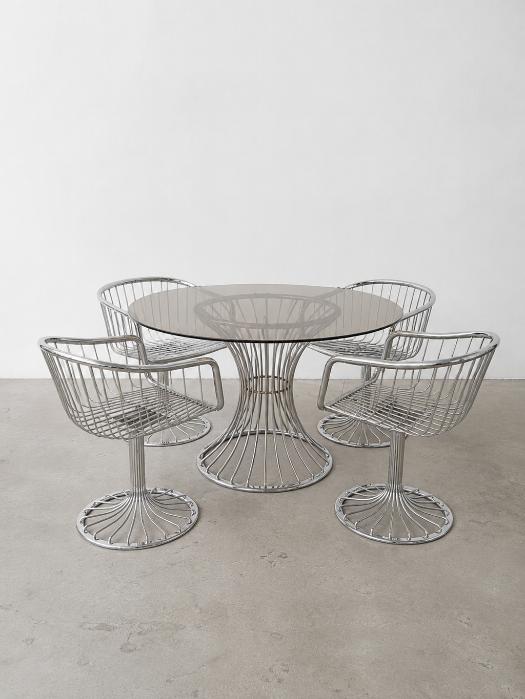 Gastone Rinaldi  Essgruppe | 4 Rima Freischwinger + Rauchglas Tisch | Italien 1970er