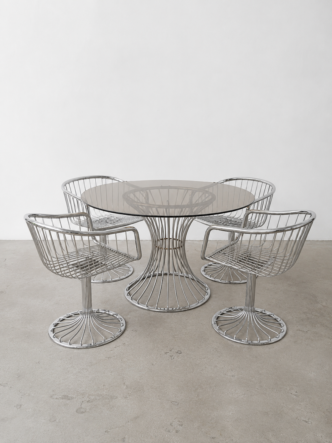 Gastone Rinaldi  Essgruppe | 4 Rima Freischwinger + Rauchglas Tisch | Italien 1970er