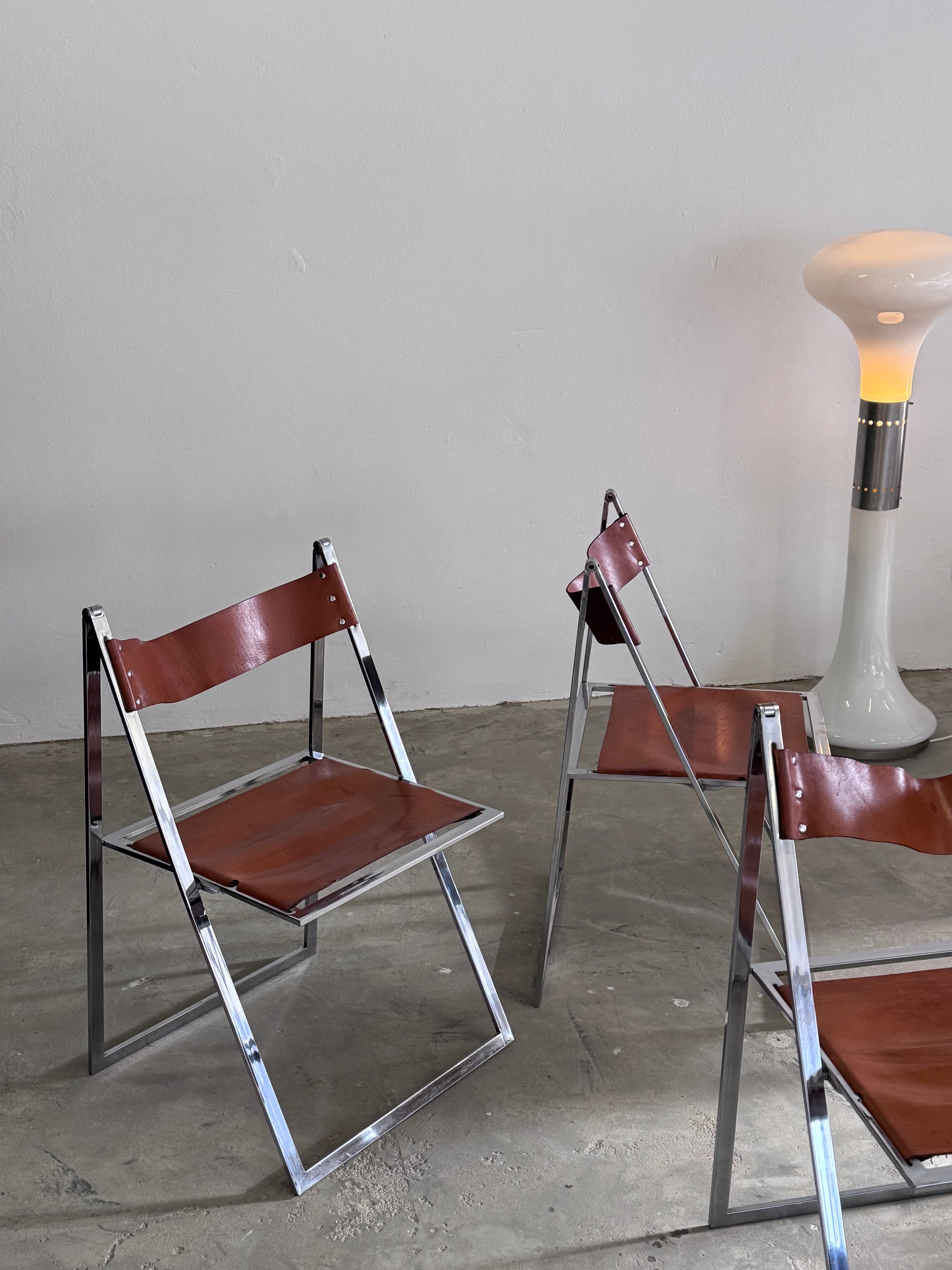 Vintage „Elios“ Klappstühle von Fontoni  Geraci für Lübke Cognac Sattelleder & Chrom – Mid-Century Modern – Restauriert