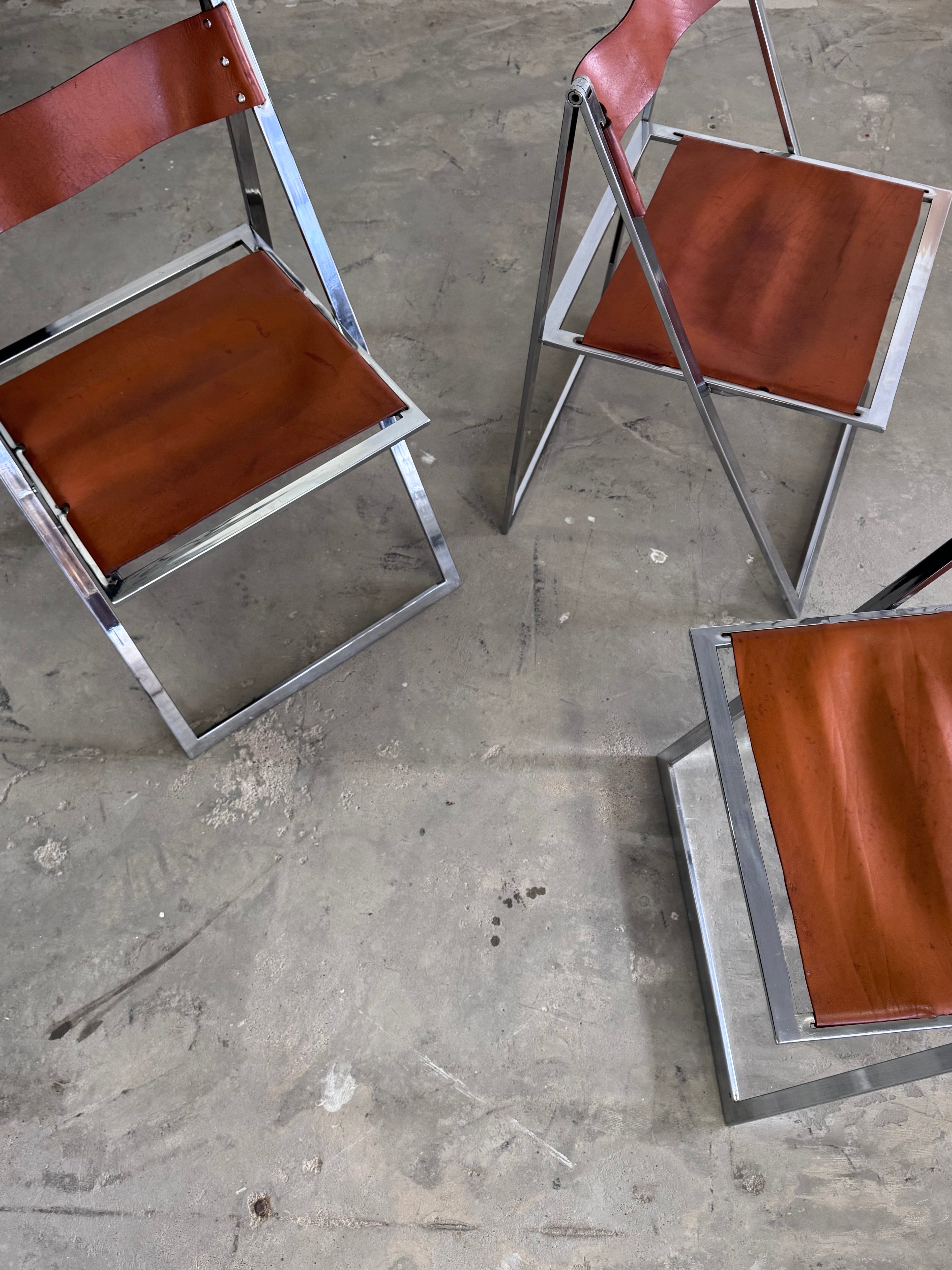 Vintage „Elios“ Klappstühle von Fontoni  Geraci für Lübke Cognac Sattelleder & Chrom – Mid-Century Modern – Restauriert