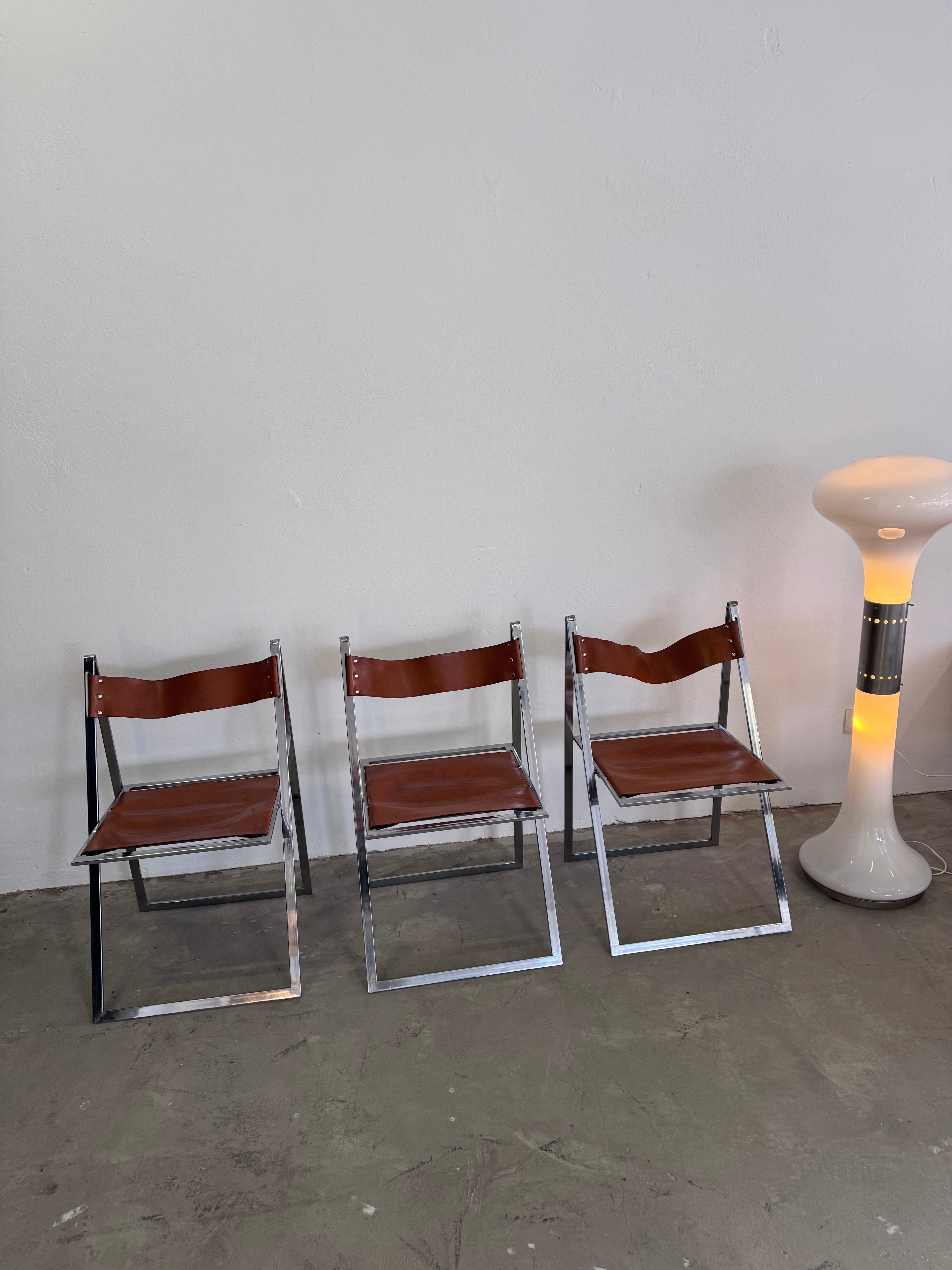 Vintage „Elios“ Klappstühle von Fontoni  Geraci für Lübke Cognac Sattelleder & Chrom – Mid-Century Modern – Restauriert