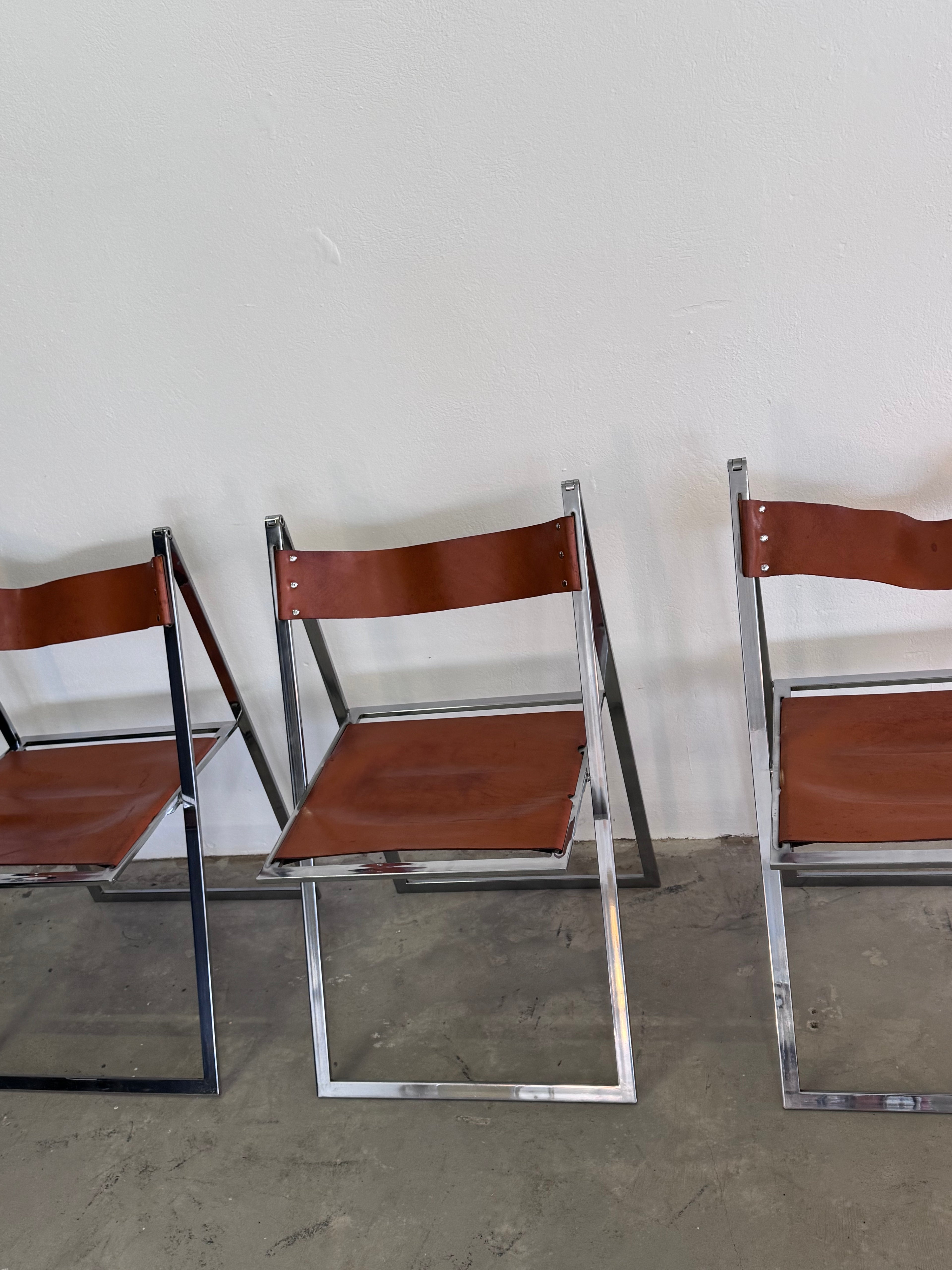 Vintage „Elios“ Klappstühle von Fontoni  Geraci für Lübke Cognac Sattelleder & Chrom – Mid-Century Modern – Restauriert