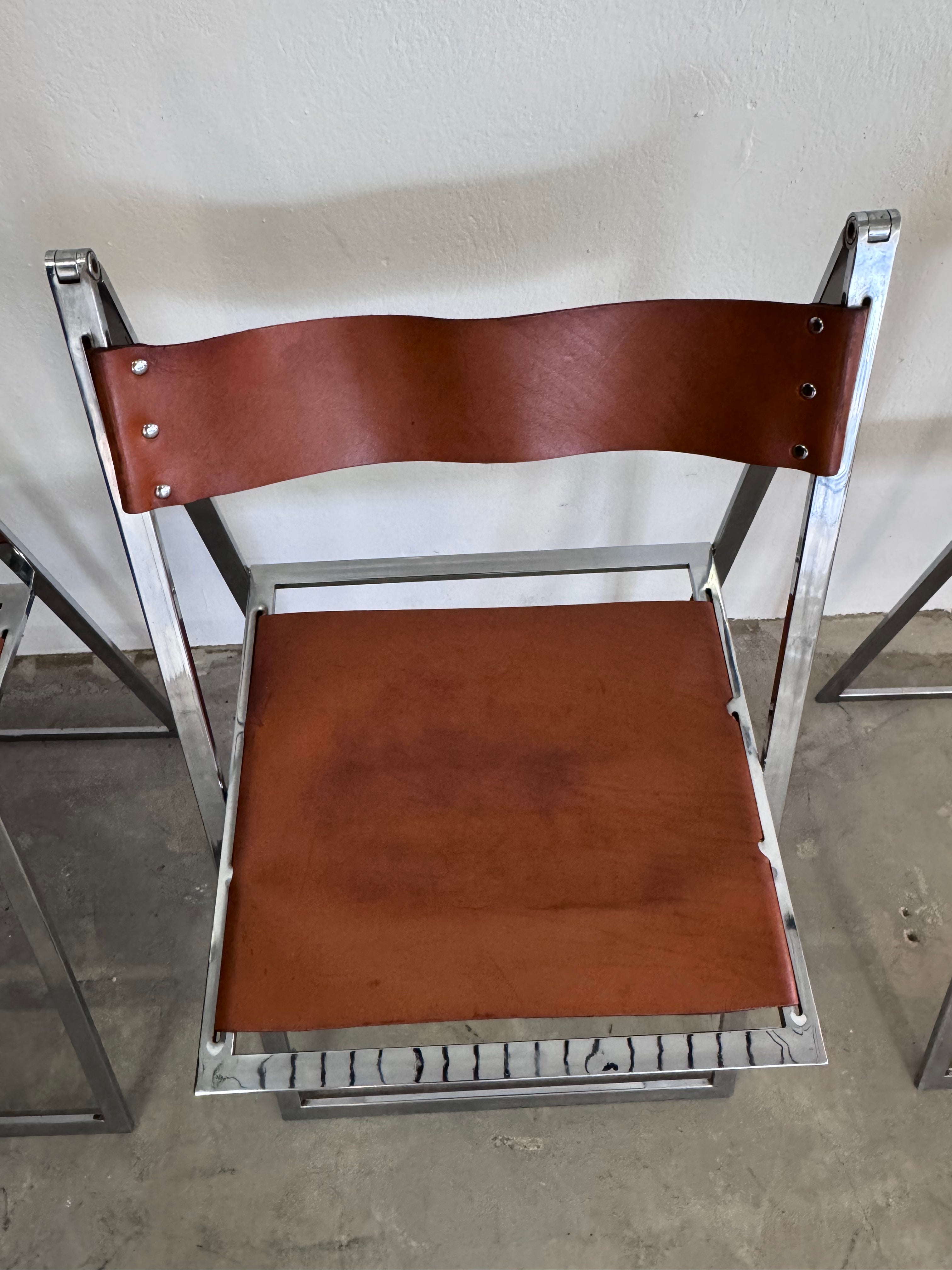 Vintage „Elios“ Klappstühle von Fontoni  Geraci für Lübke Cognac Sattelleder & Chrom – Mid-Century Modern – Restauriert
