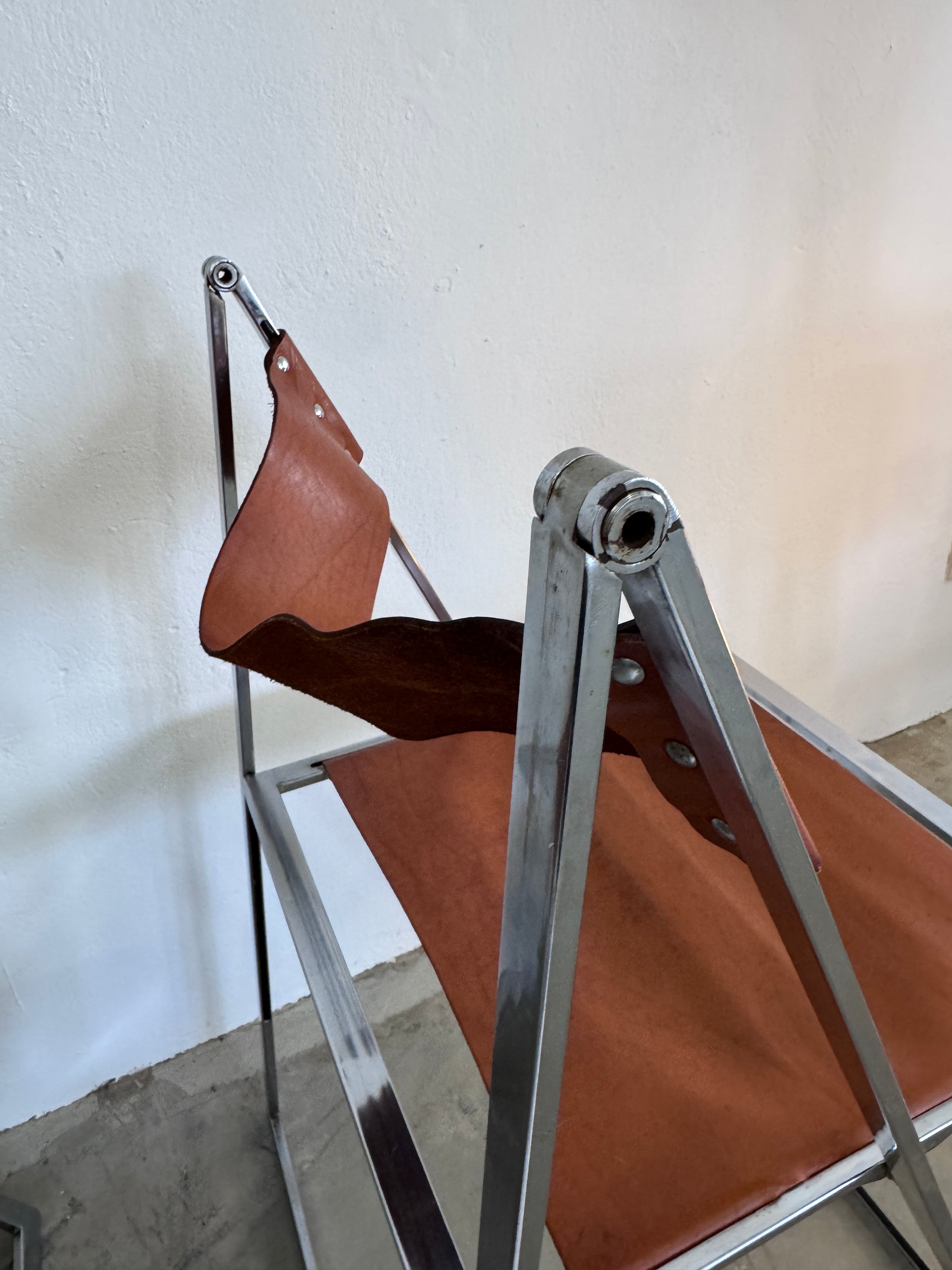 Vintage „Elios“ Klappstühle von Fontoni  Geraci für Lübke Cognac Sattelleder & Chrom – Mid-Century Modern – Restauriert