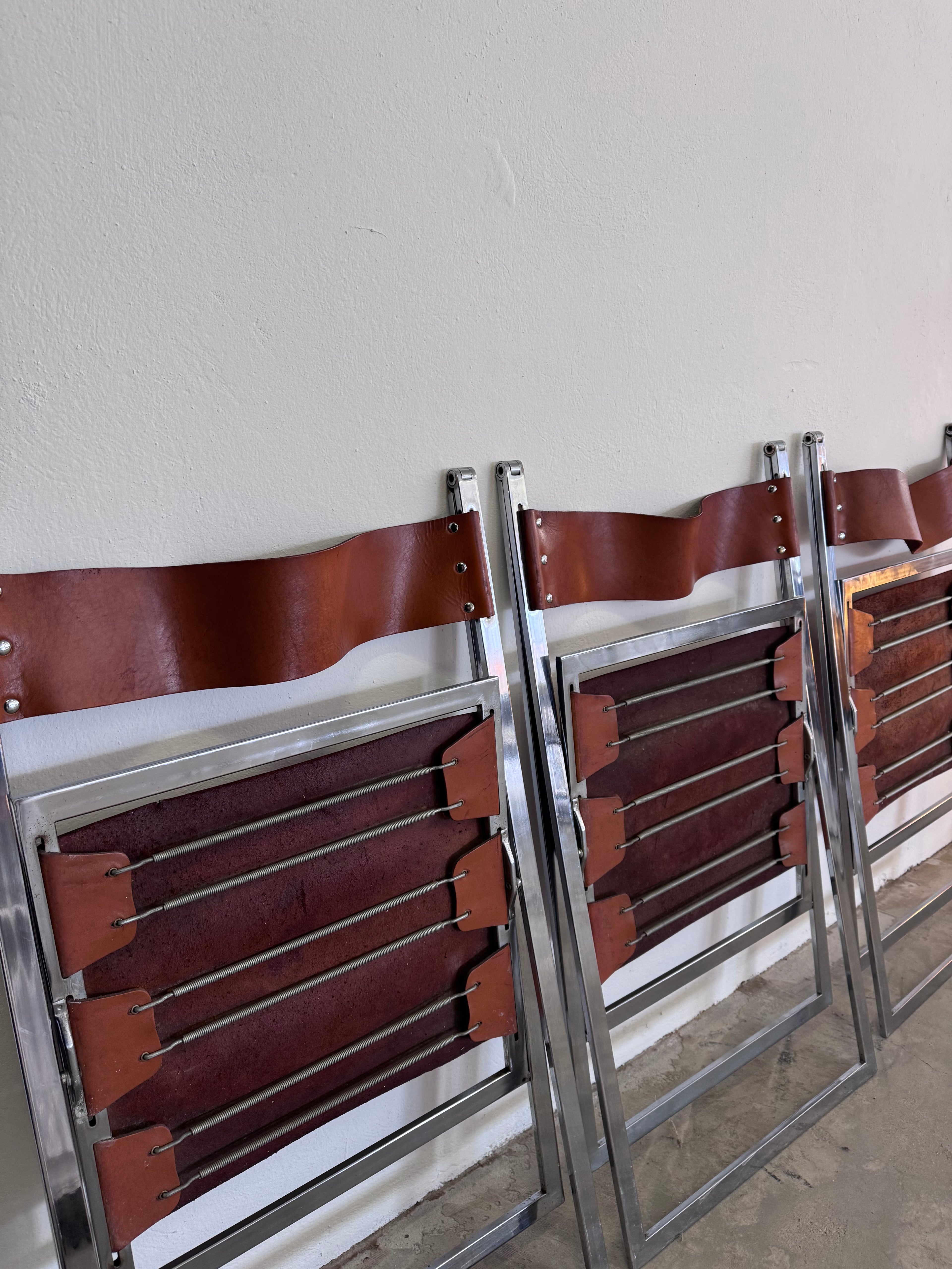 Vintage „Elios“ Klappstühle von Fontoni  Geraci für Lübke Cognac Sattelleder & Chrom – Mid-Century Modern – Restauriert