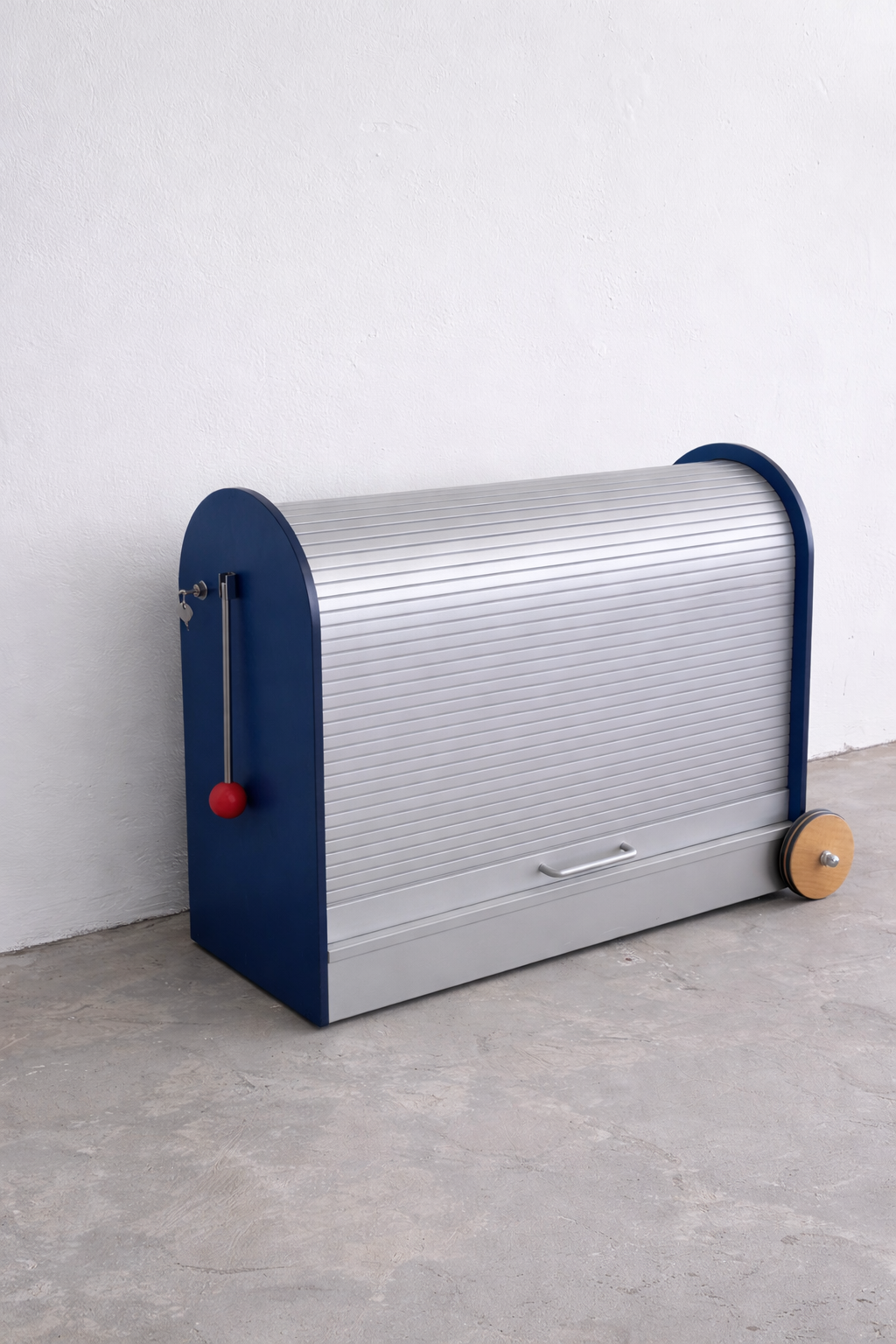 Memphis Stil Rollcontainer von Achimer Werkstätten – Postmodernes Design Bürocontainer in Blau & Grau, abschließbar