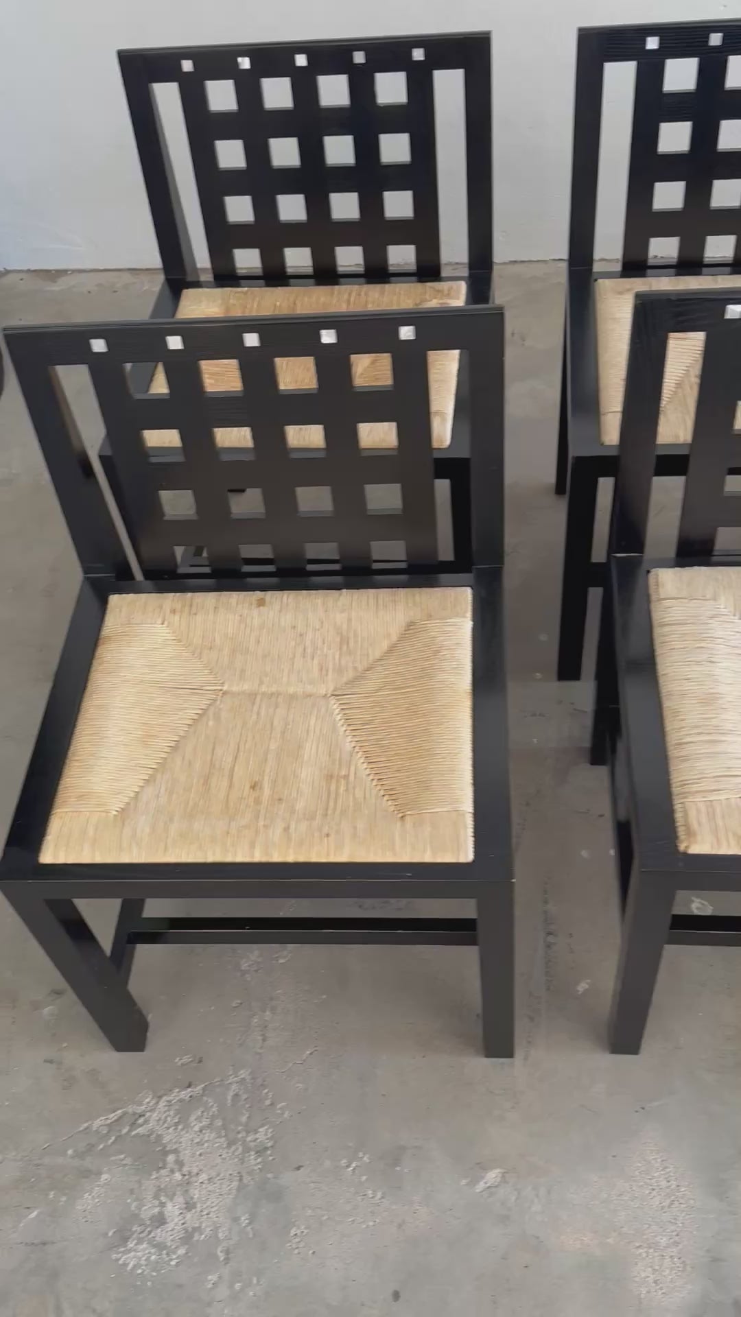 6 Vintage Mackintosh DS3 Dining Chairs for Cassina – Black Wood & Rush Seat – Postmodern Design Set