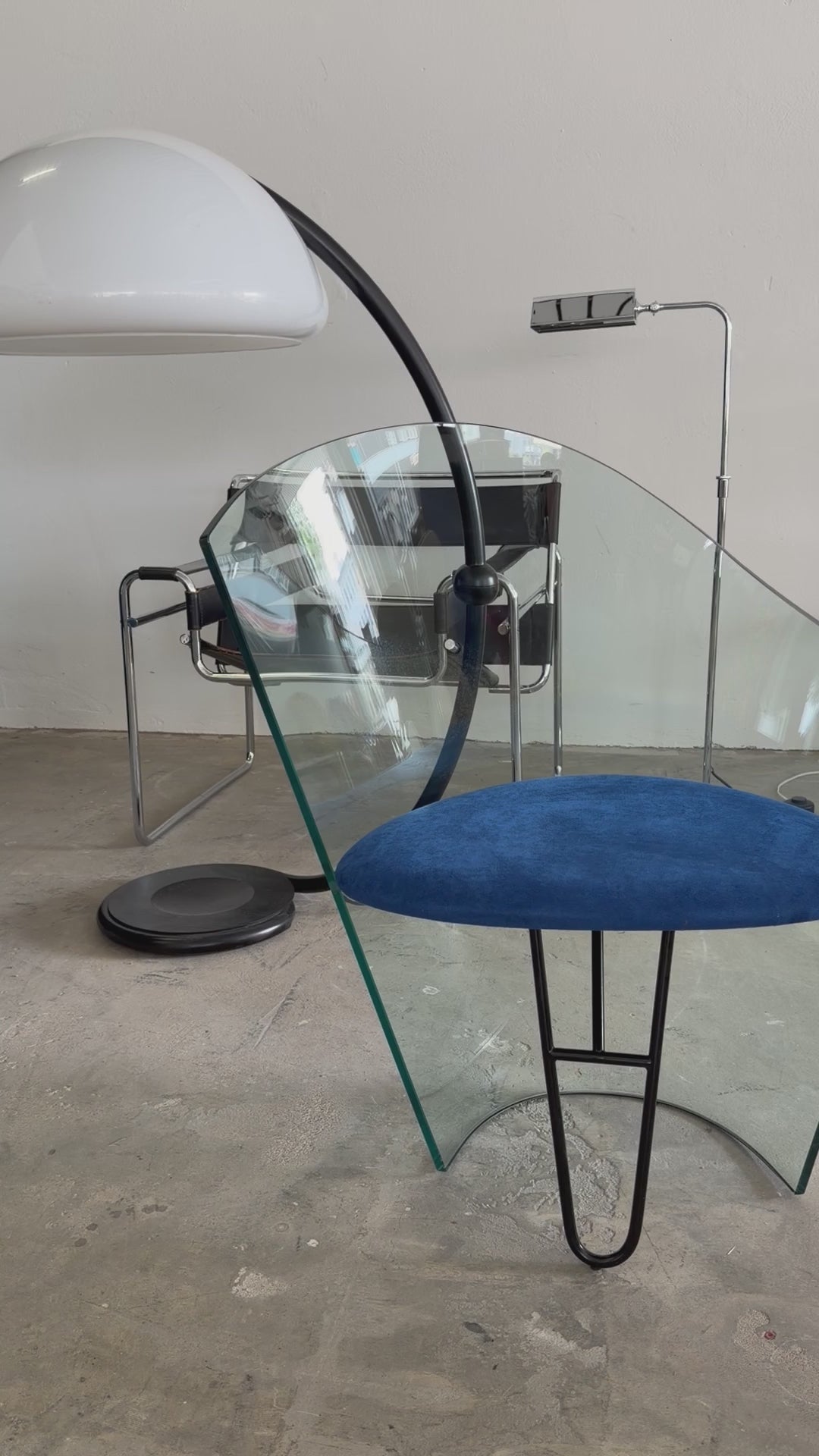 Rare Italian Orion Glass Chair, 1995 – Postmodern Curved Glass Armchair, Blue Alcantara