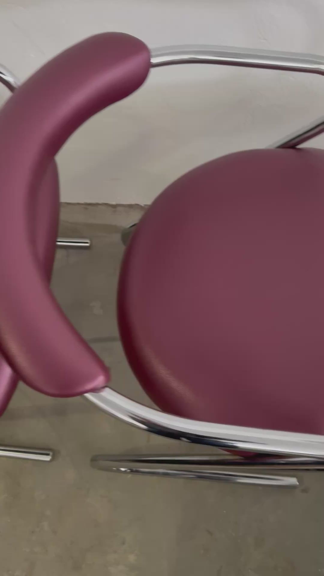 Set of 4 Cantilever Chairs · 1970s · Chrome Frame · Metallic Aubergine Faux Leather · Vintage Space Age